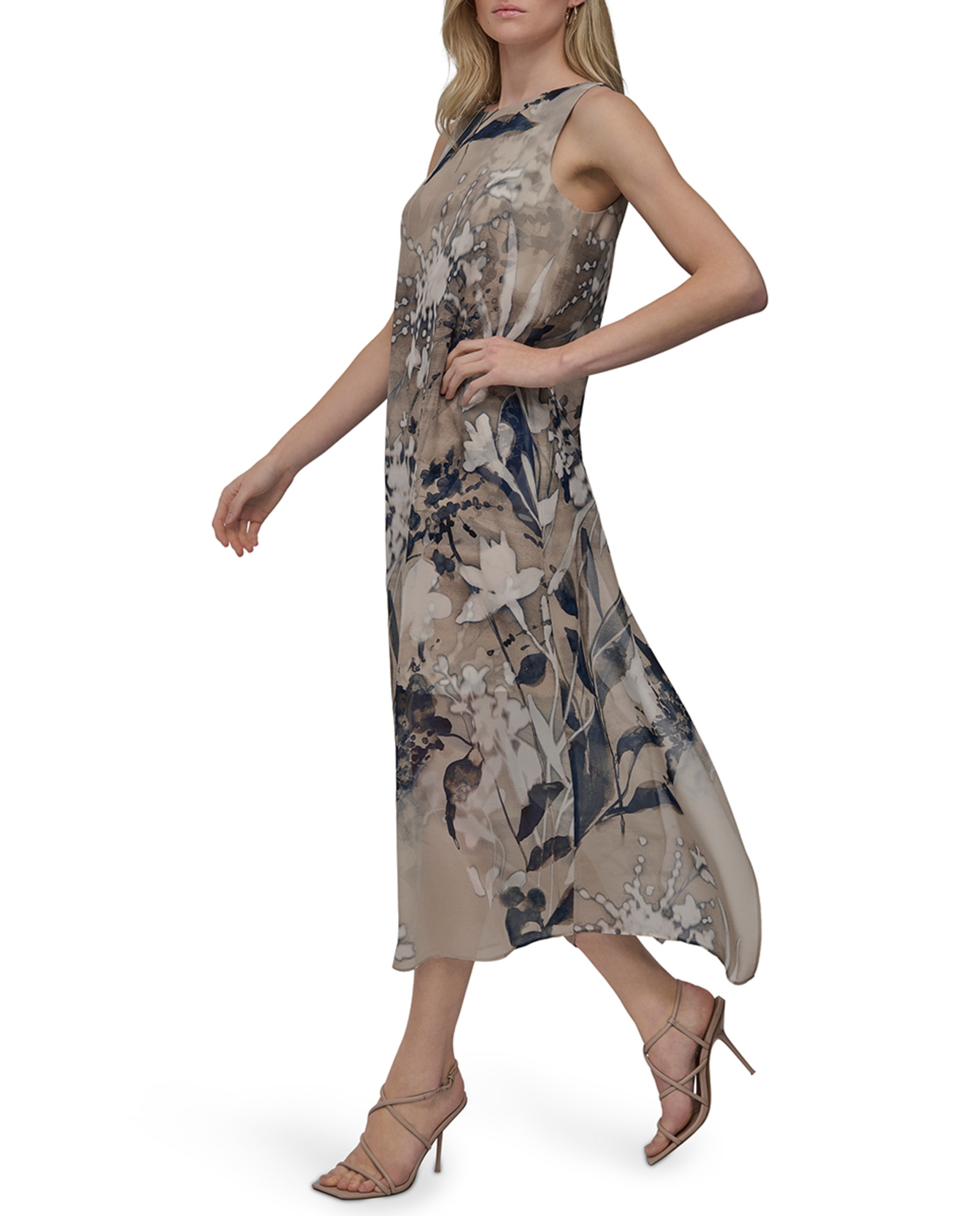 Vestido Midi com Decote à Barco sem Mangas Multicolor-3