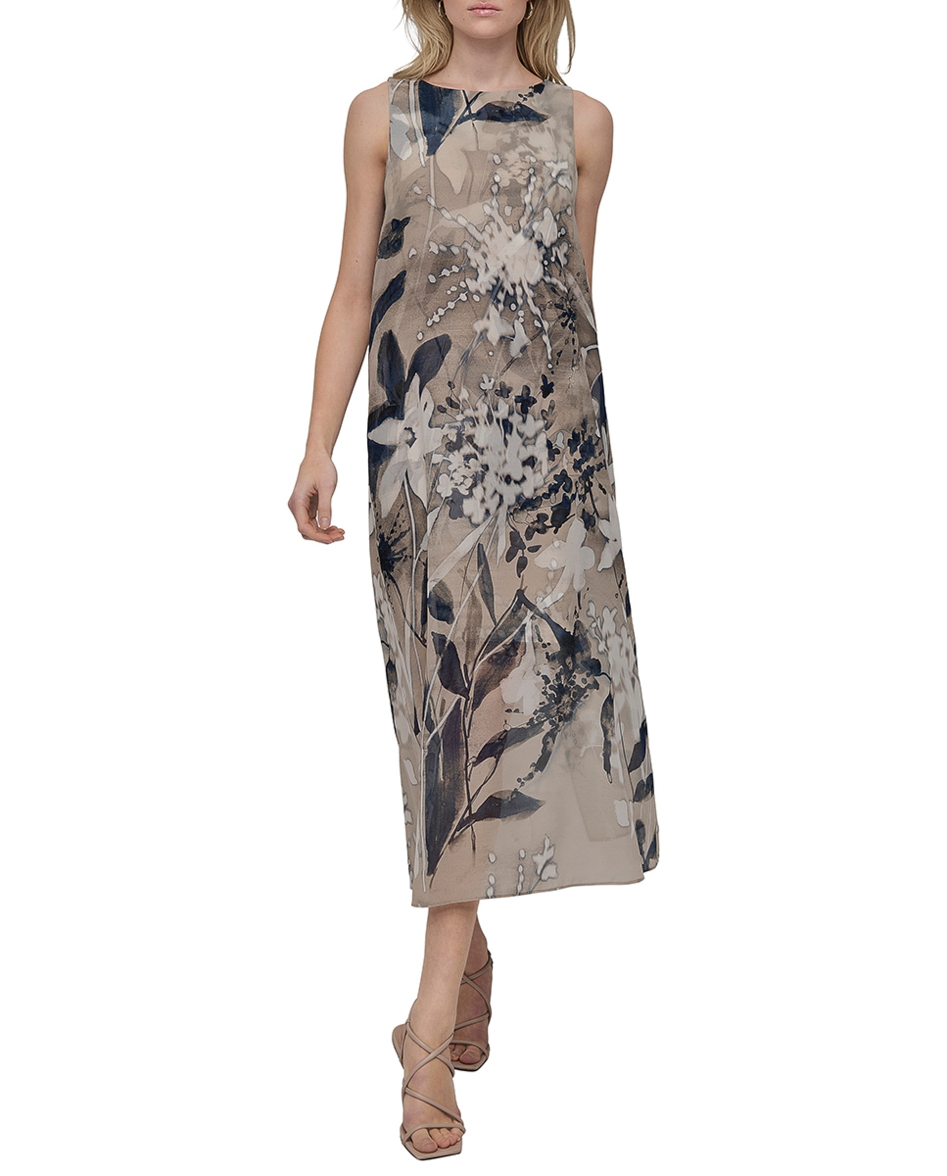 Vestido Midi com Decote à Barco sem Mangas Multicolor-1