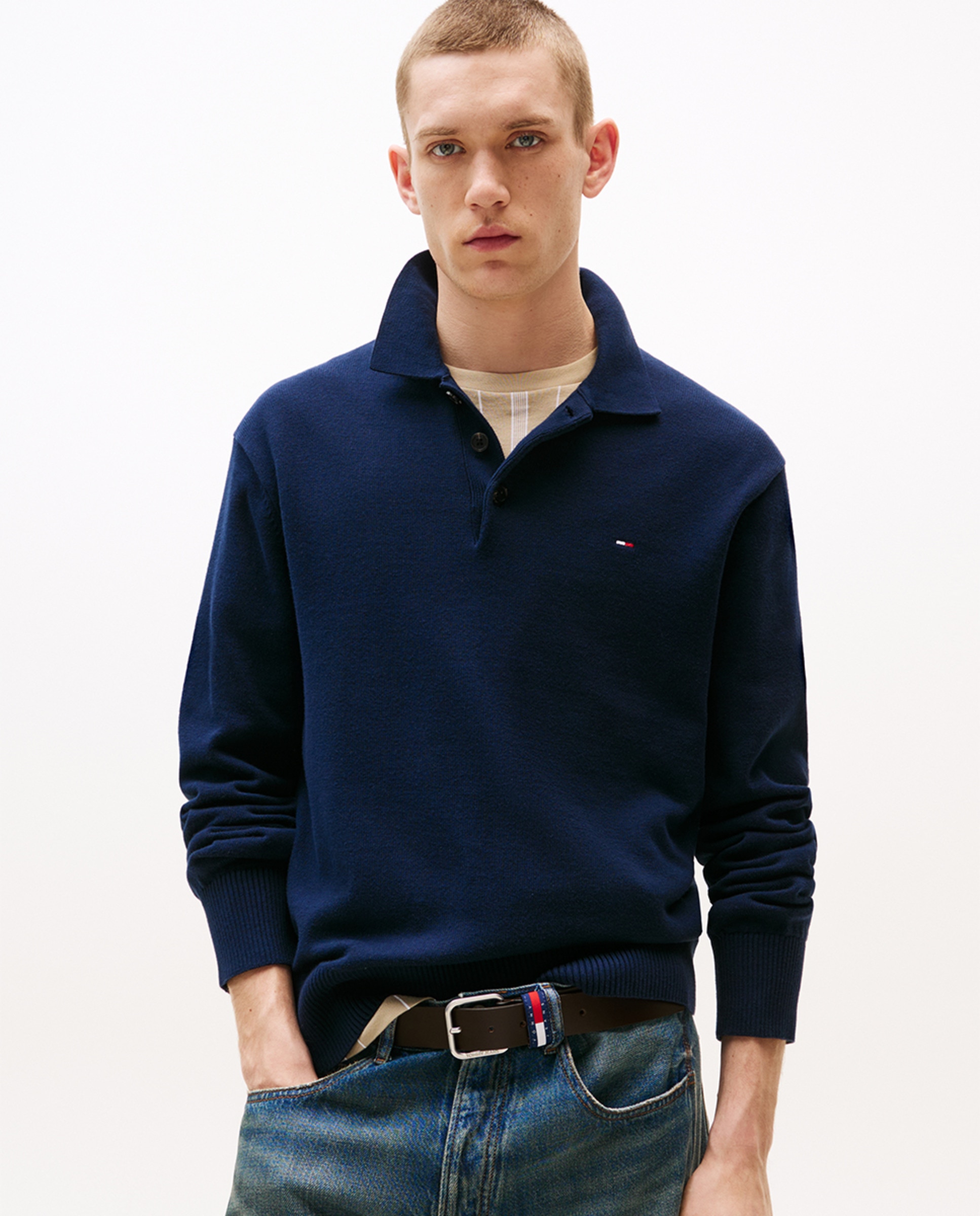 Camisola de Malha Slim Fit com Colarinho de Polo Azul-marinho-1