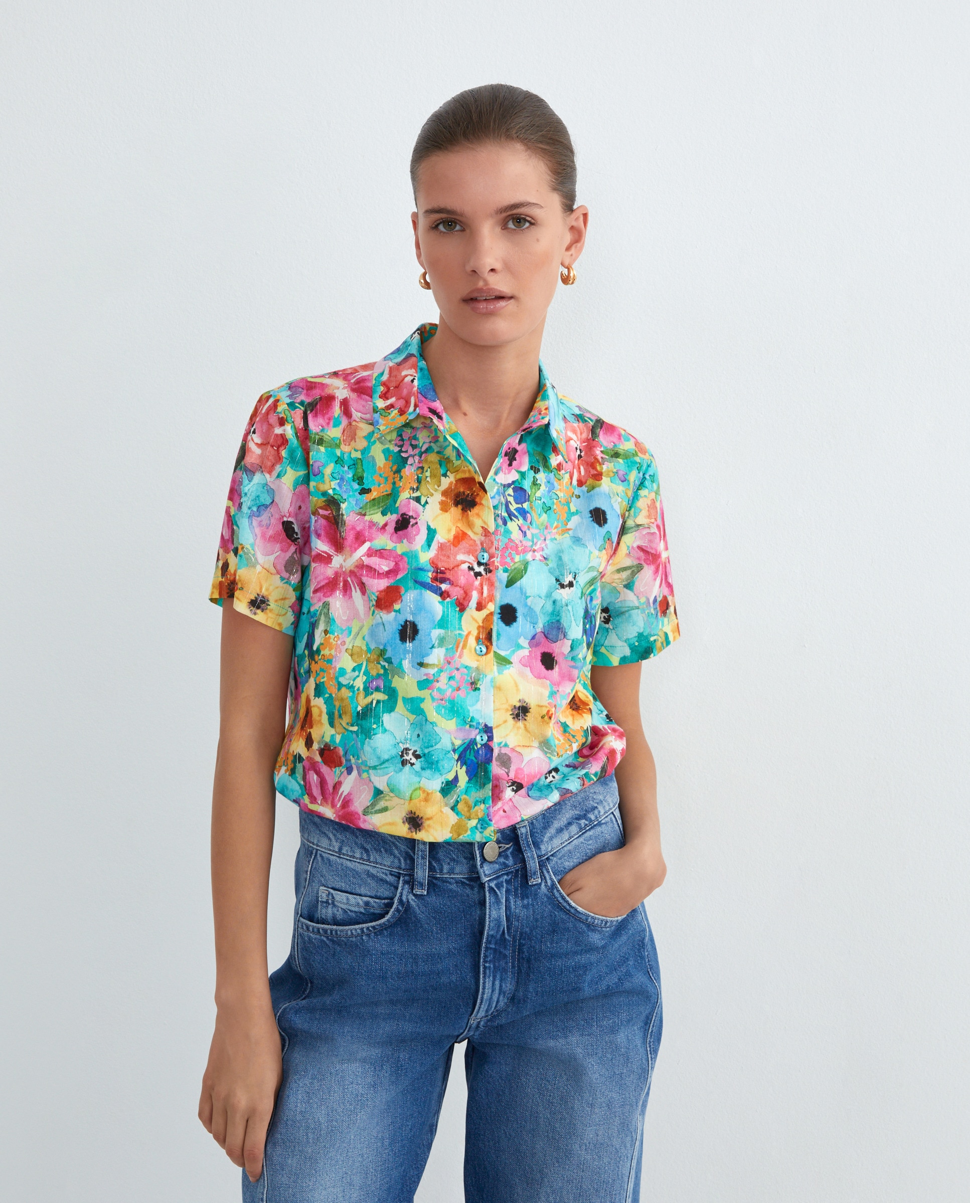 Camisa estampada com manga curta Multicolor-1