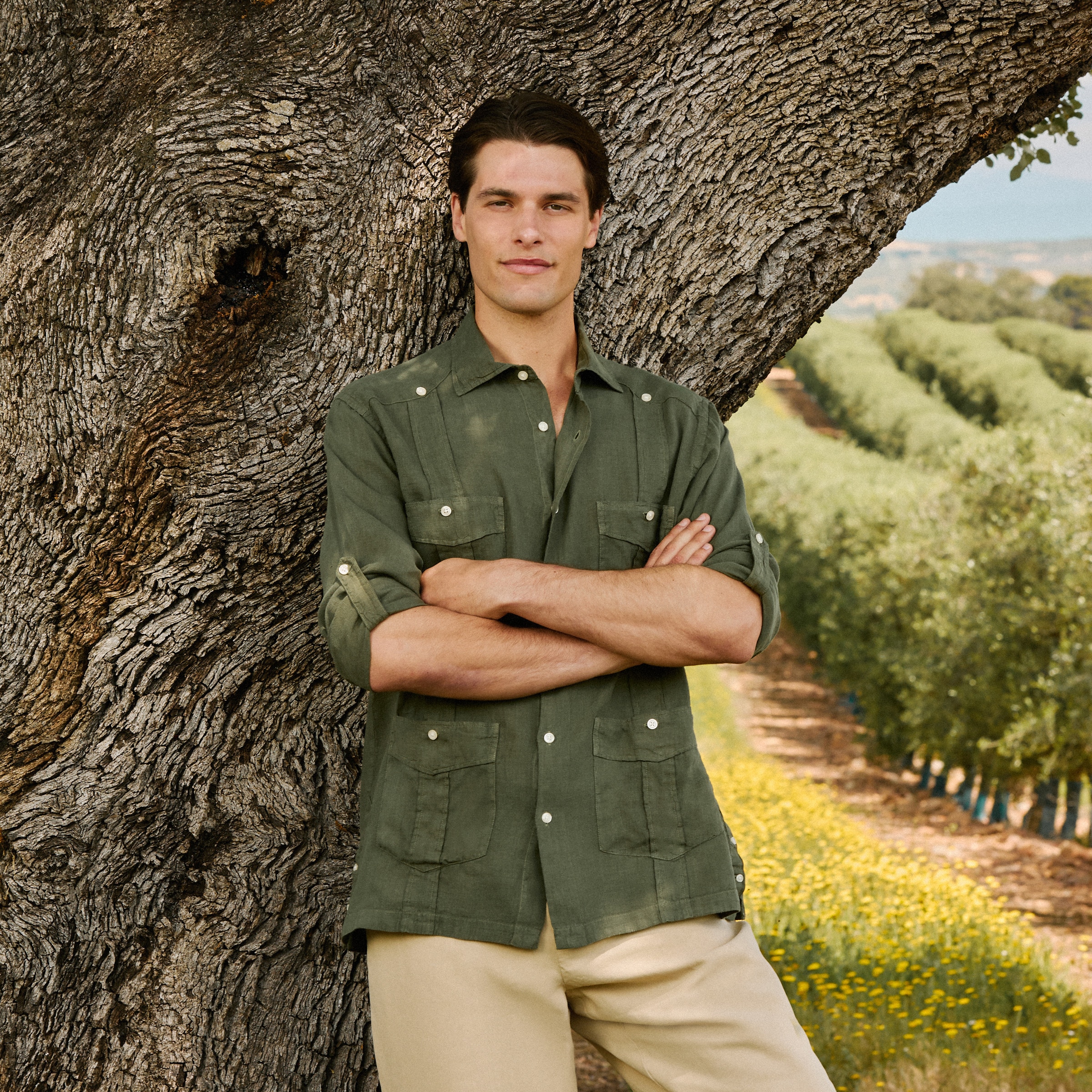 Camisa Guayabera de Linho de Homem com Lavagem Caqui-1