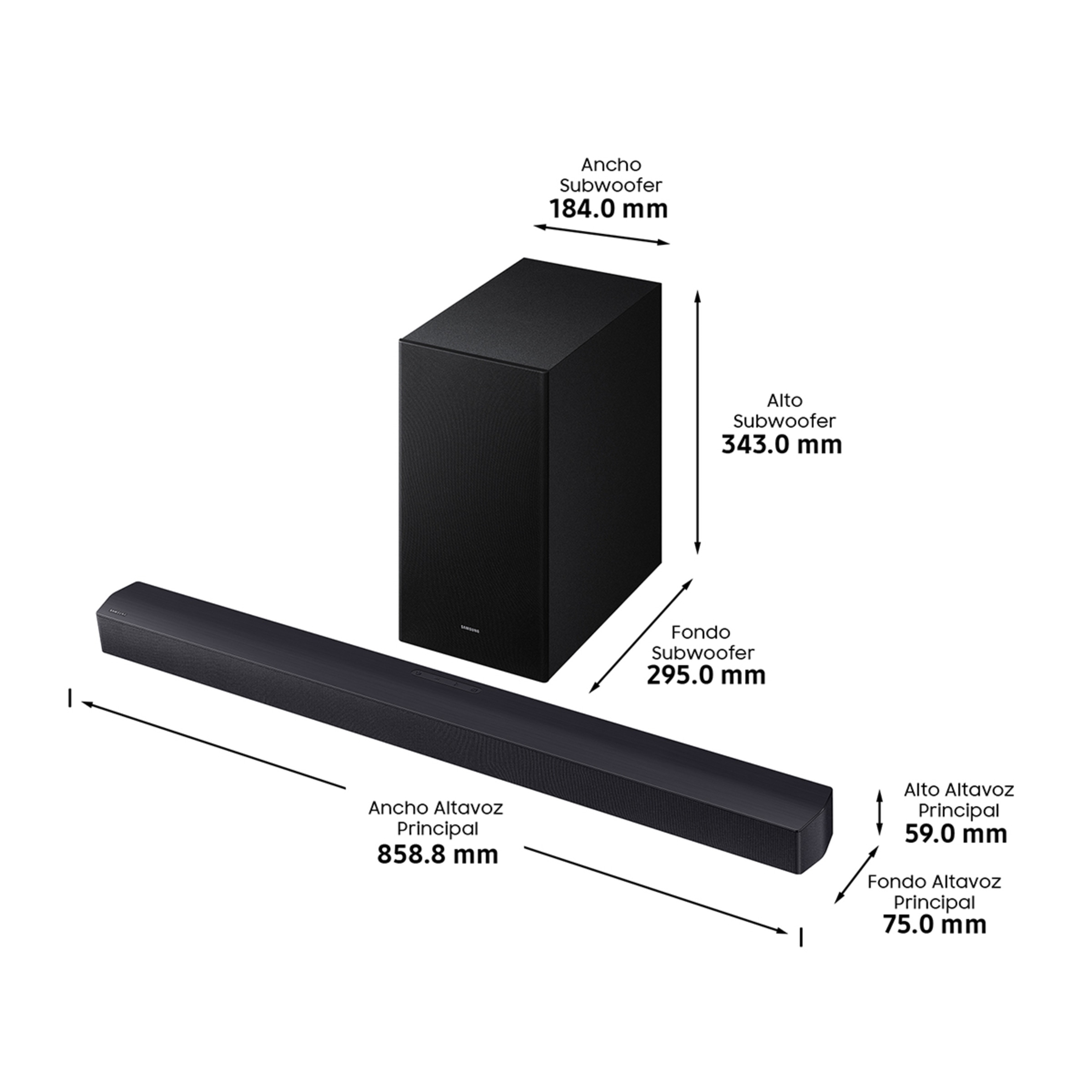 Barra de sonido Samsung HW-B450F, Dolby 2.1 y DTS Virtual:X, 5.1 con 3 altavoces, 300W, Subwoofer inalámbrico 6.5" 220W Negro titanium-2