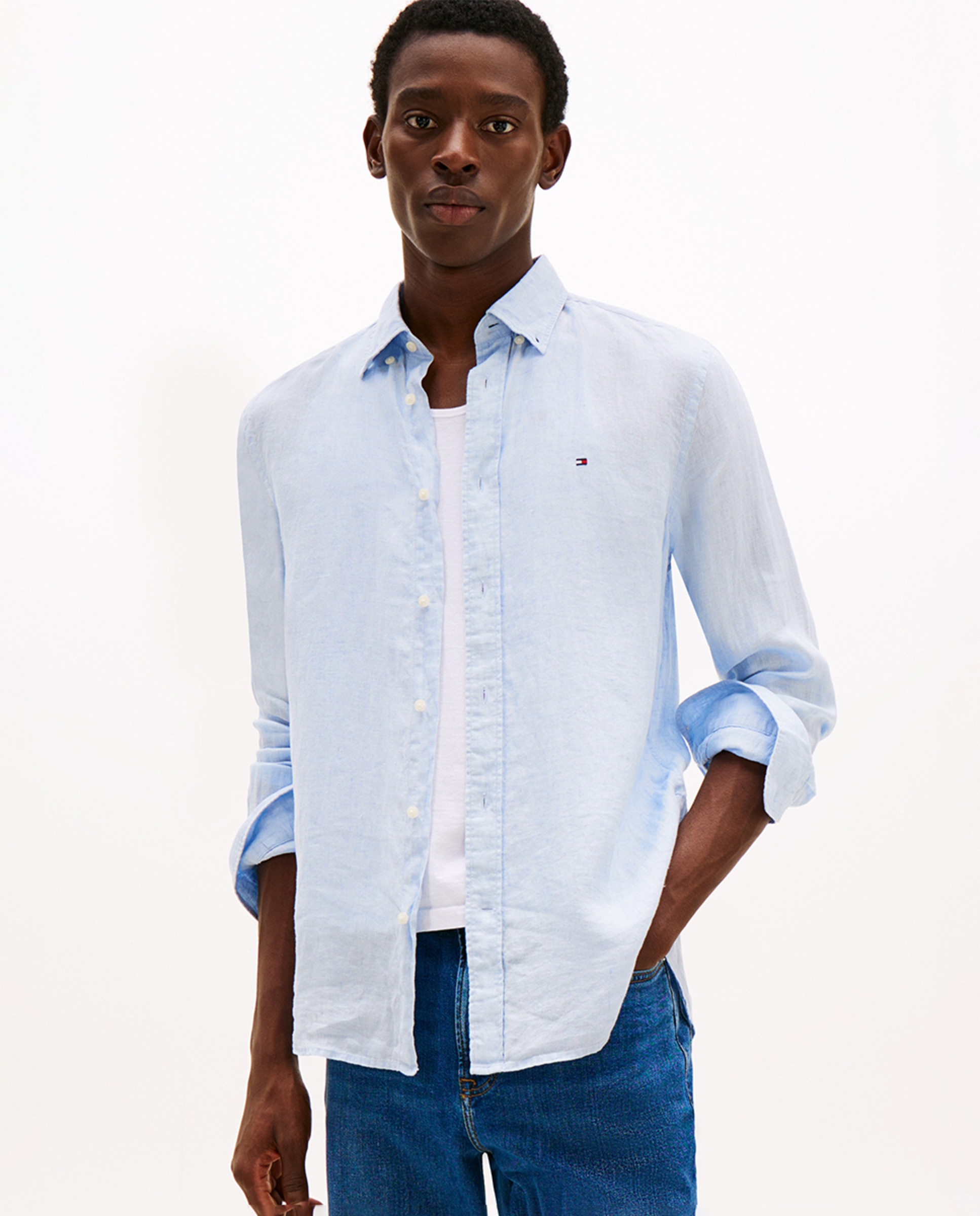 Camisa Lisa de Manga Comprida com Branding Bordado e em Linho Azul-claro-1