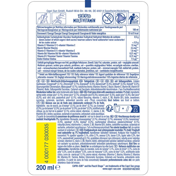 veganes Multivitamin-Fruchtsaftgetränk 0% Zucker Tasche 200 ml