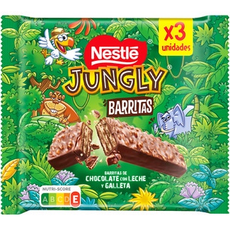 barritas de chocolate con leche y galleta 3 unidades estuche 102 g - Nestle Jungly