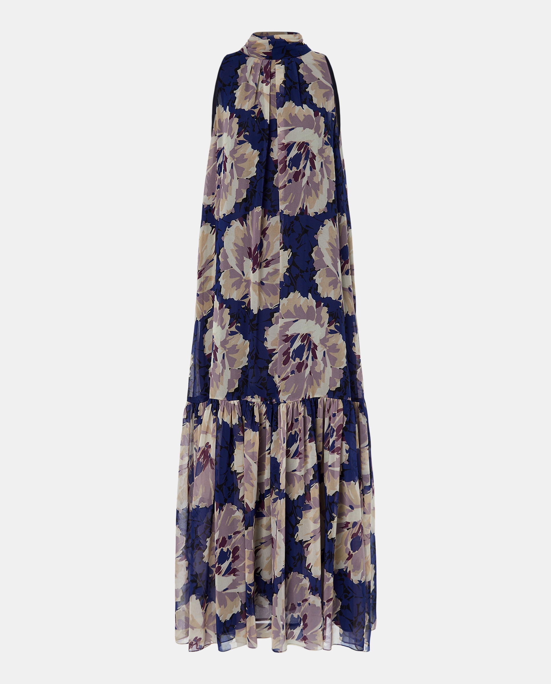 Vestido Comprido Fluido Halter com Folho na Parte Inferior Azul-5