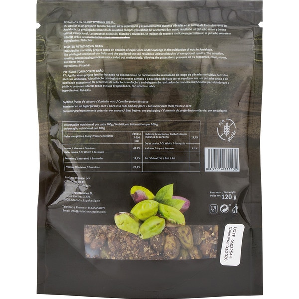 salt-free toasted pistachio beans gluten-free bag 120 g