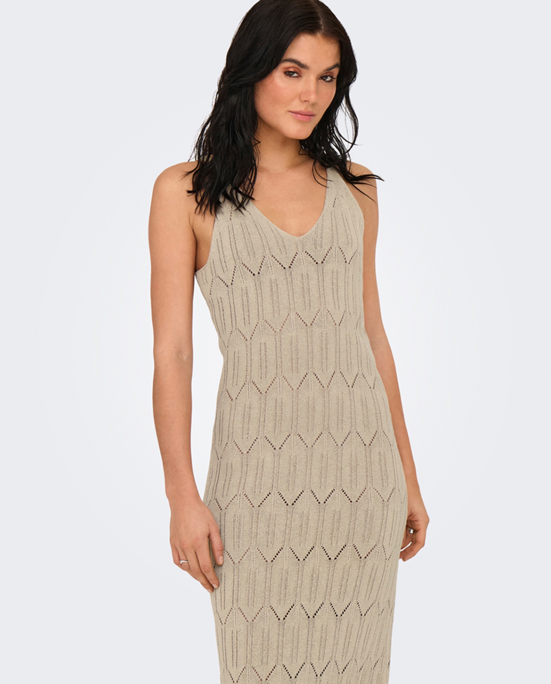 Vestido Midi sem Mangas - Bege Cinzento-4