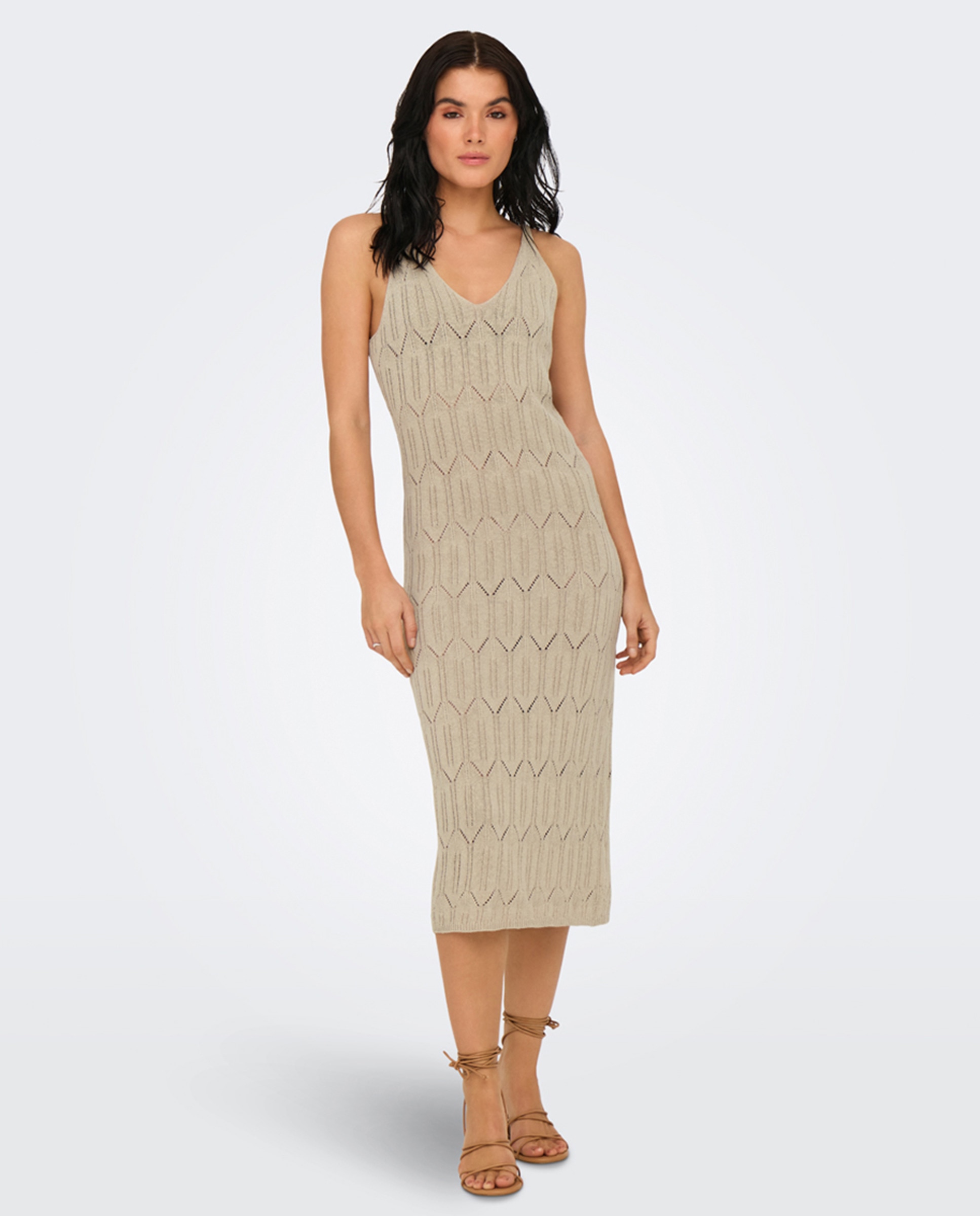 Vestido Midi sem Mangas - Bege Cinzento-3