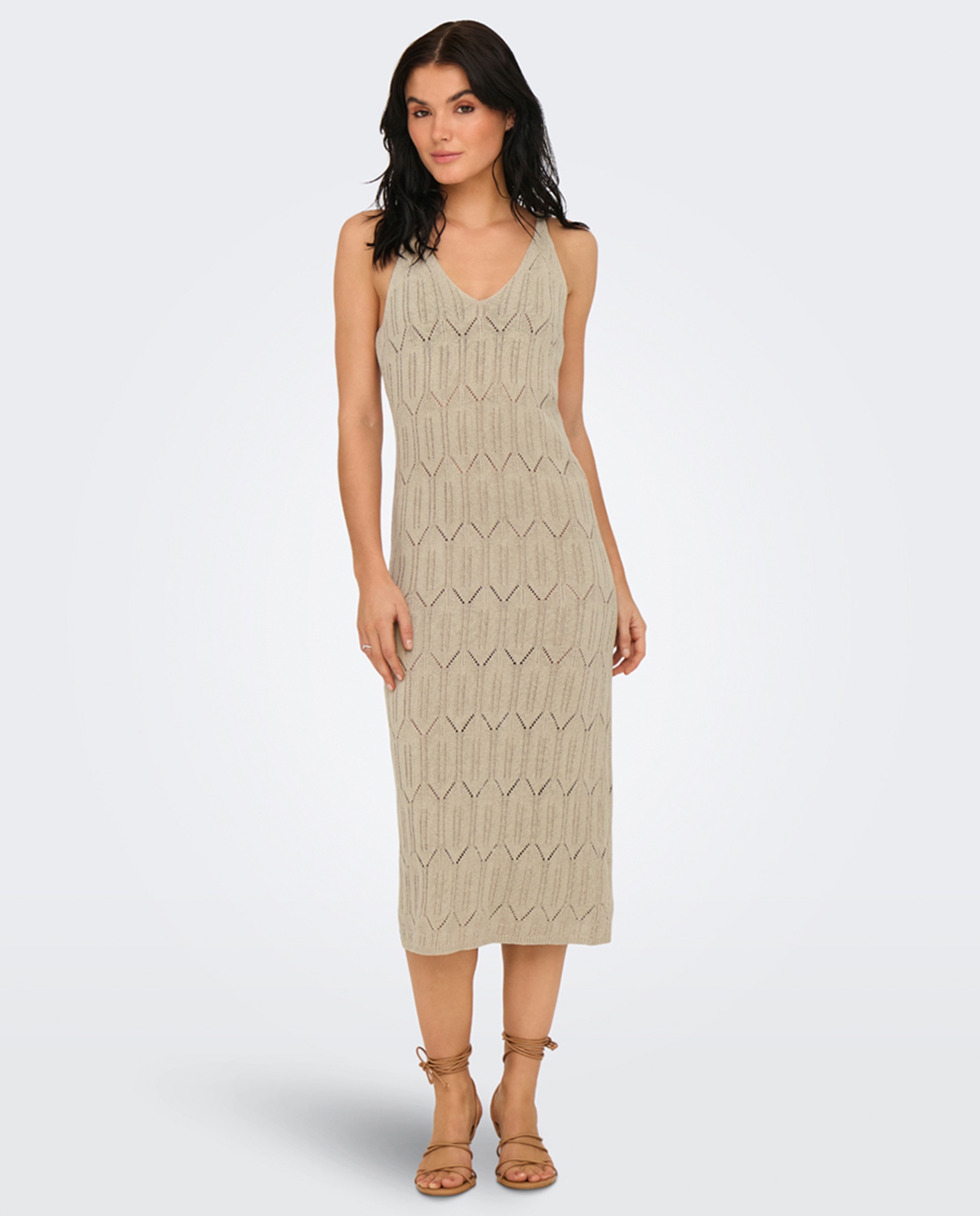 Vestido Midi sem Mangas - Bege Cinzento-1
