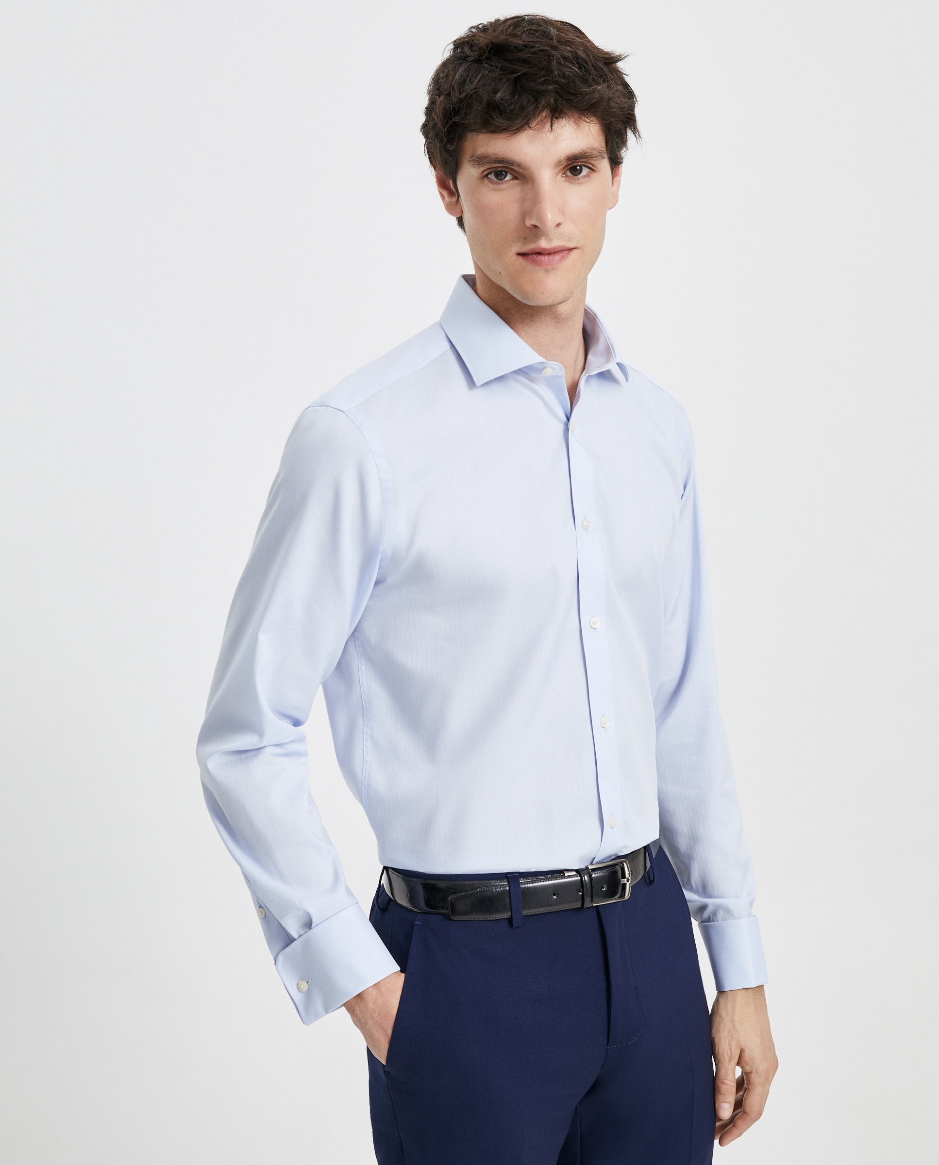 Camisa Formal de Punho Duplo Coolmax 410 Azul Claro-1