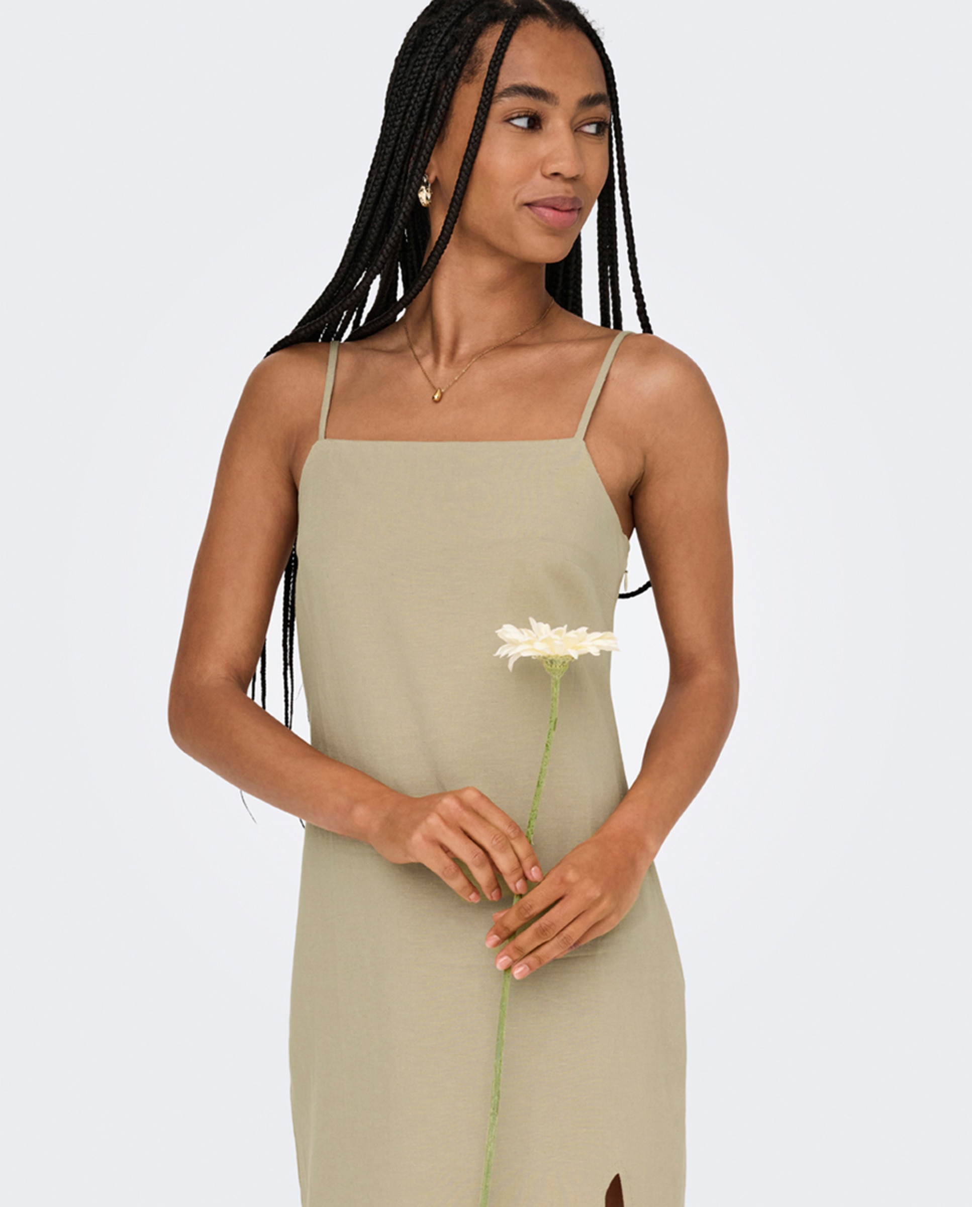 Vestido de Linho com Alças e Decote Regular Castanho-claro-4