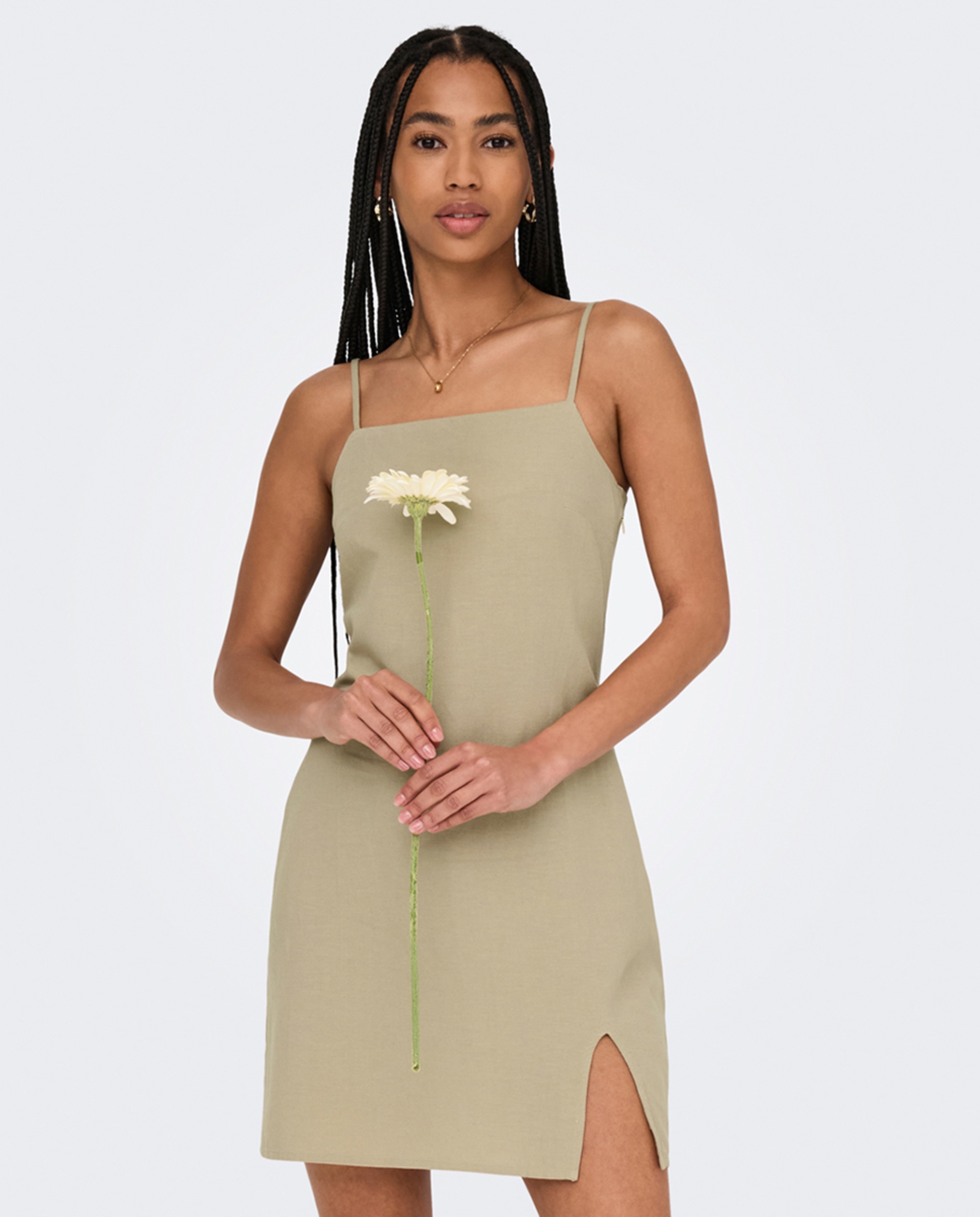 Vestido de Linho com Alças e Decote Regular Castanho-claro-2