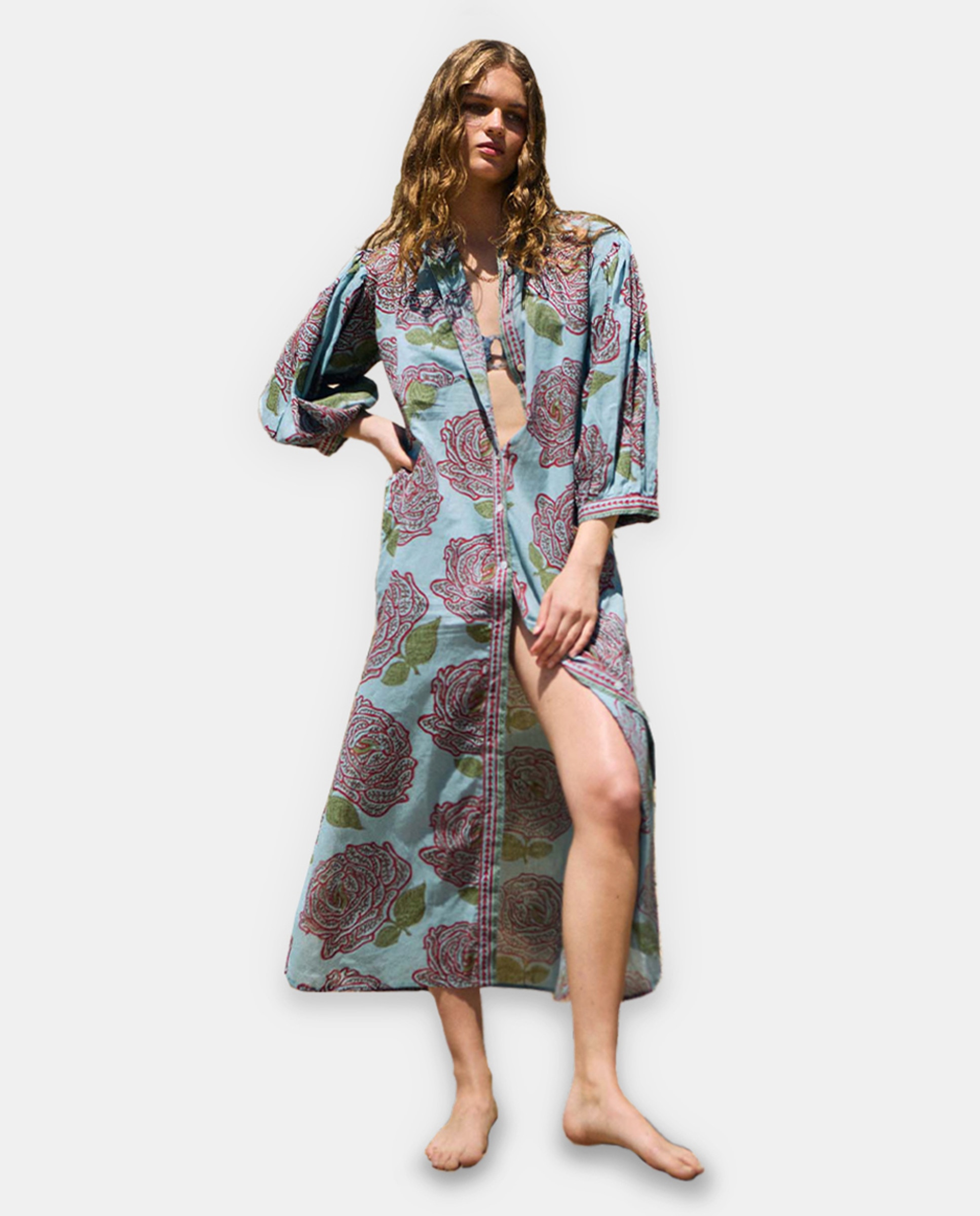 Vestido Camiseiro Andros com Rosas Azul-claro-1