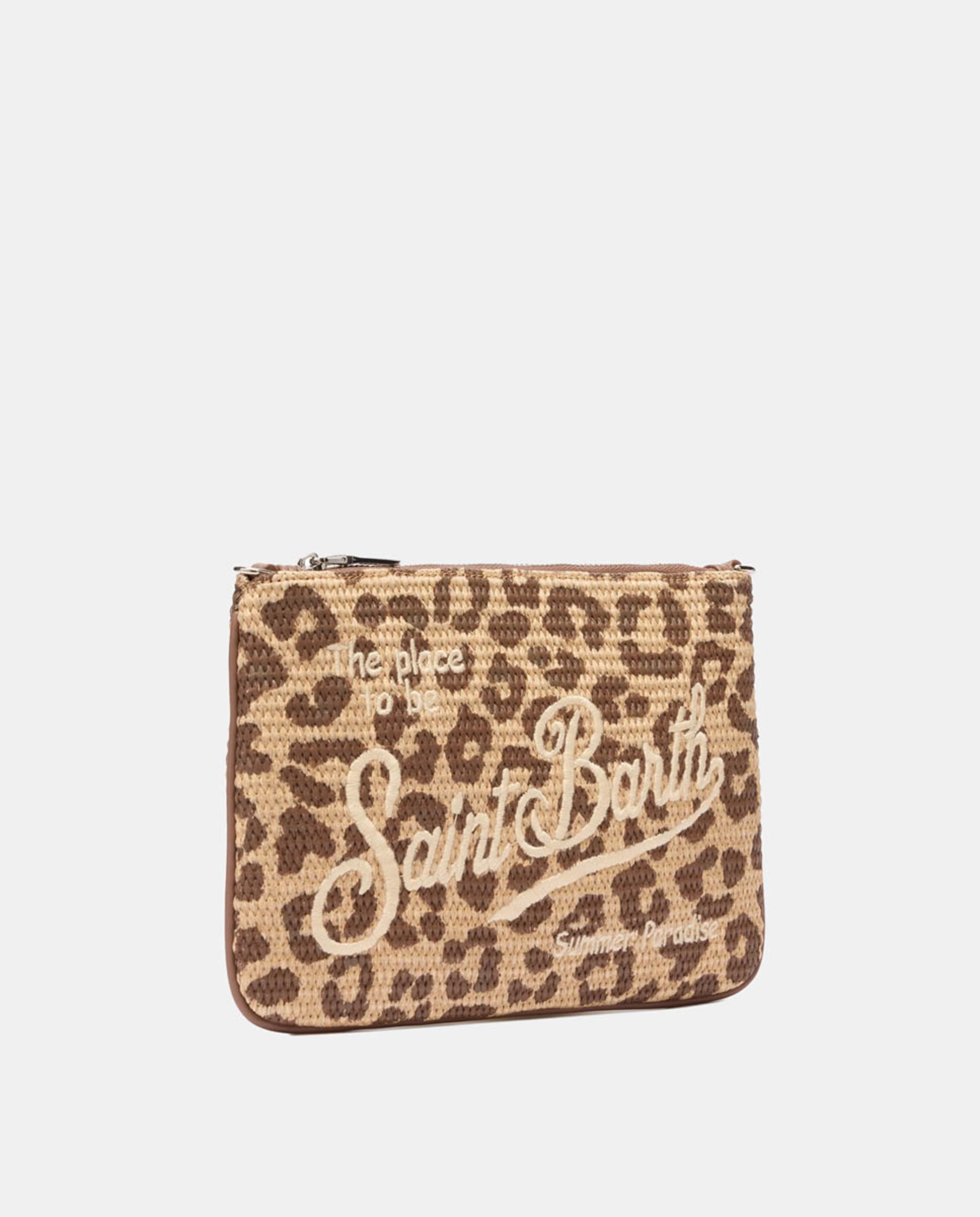 Mala de Ráfia com Animal Print, Alça de Tiracolo e Fecho de Correr Castanho-2