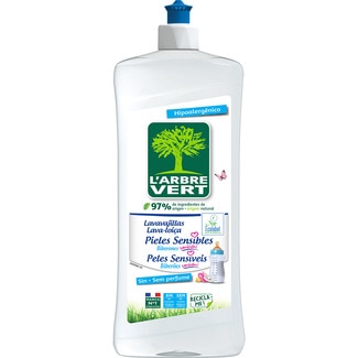 lavavajillas a mano diluido hipoalergénico ideal para pieles sensibles sin colorantes botella 750 ml sin perfumes, también para biberones - L'arbre Vert