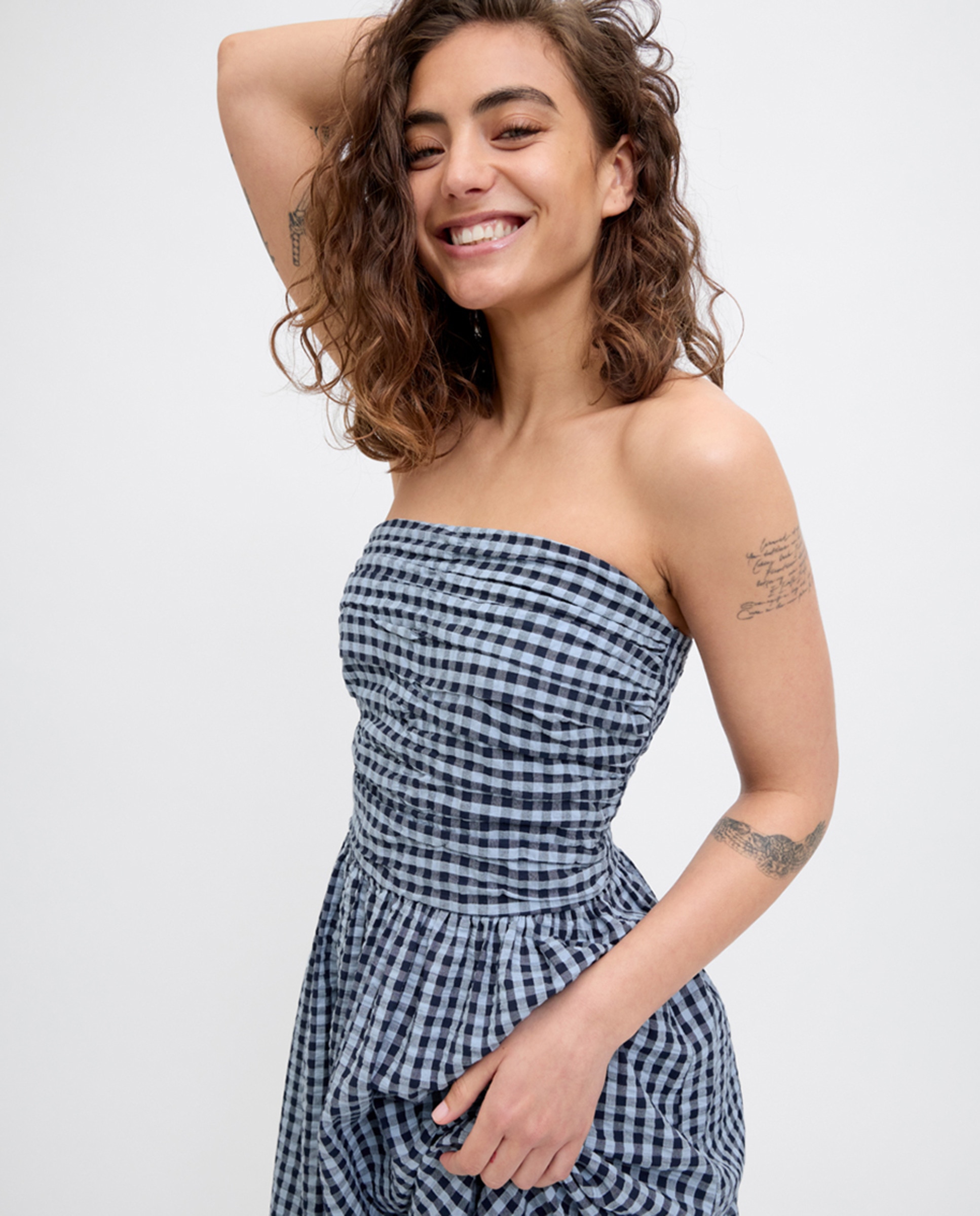 Vestido comprido com estampado vichy Azul-2