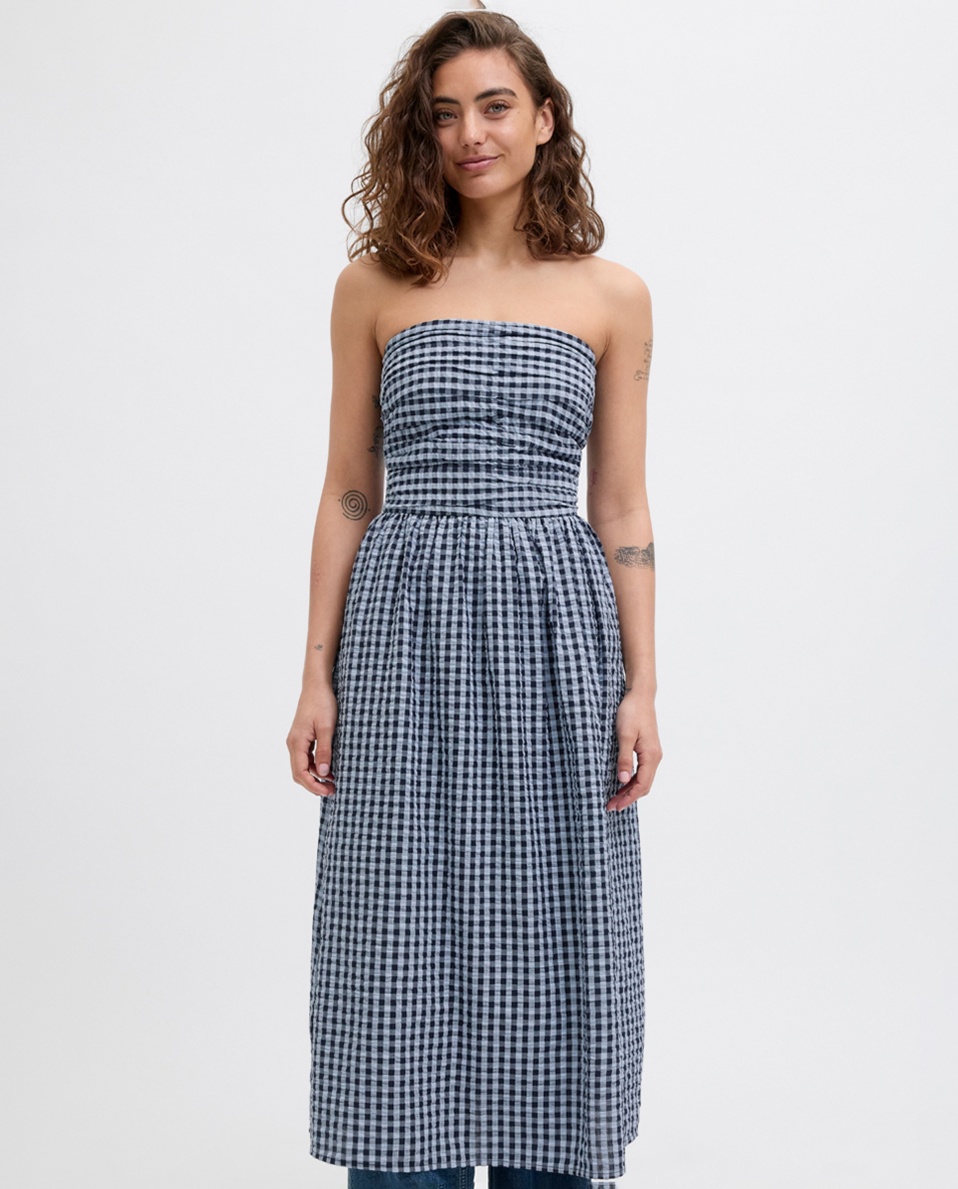 Vestido comprido com estampado vichy Azul-1