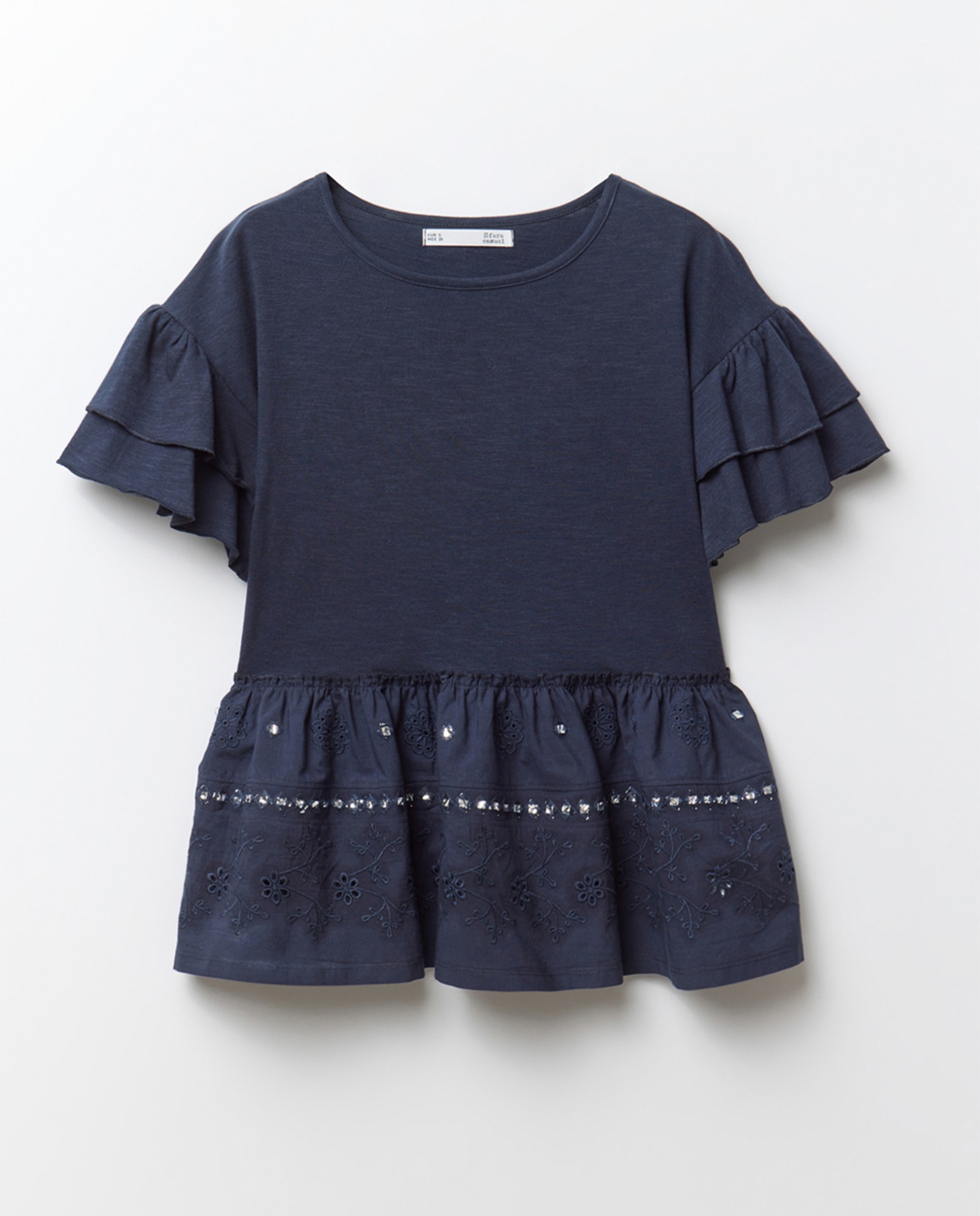T-shirt Bordada com Folhos Azul-marinho-7