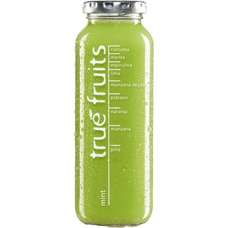 smoothie menta botella 250 ml menta, espirulina, lima, manzana de cajú, plátano, naranja, manzana y piña - True Fruits