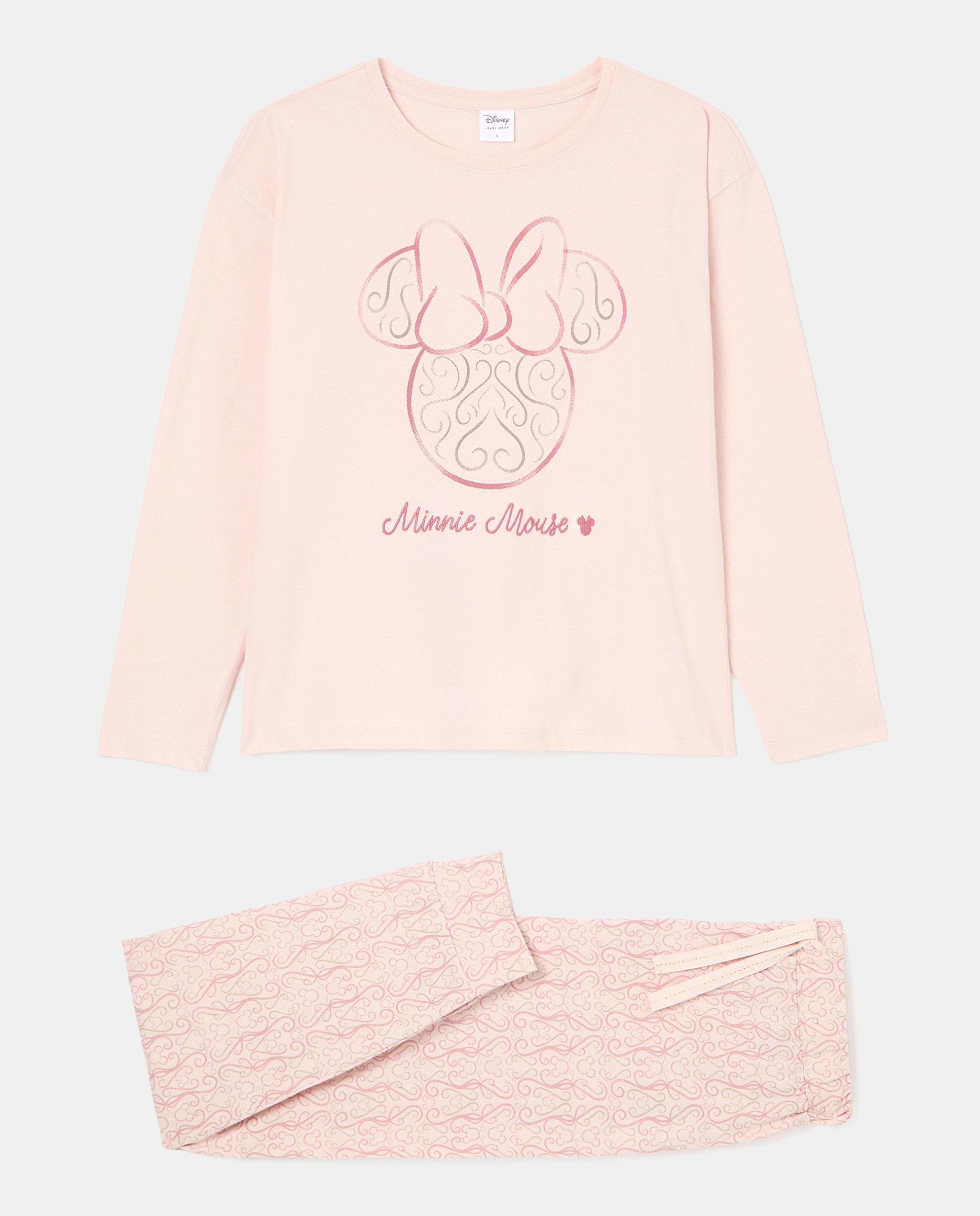 Pijama Completo às Riscas com Estampado Minnie Mouse, Manga Comprida e Calças 250 Nude-3