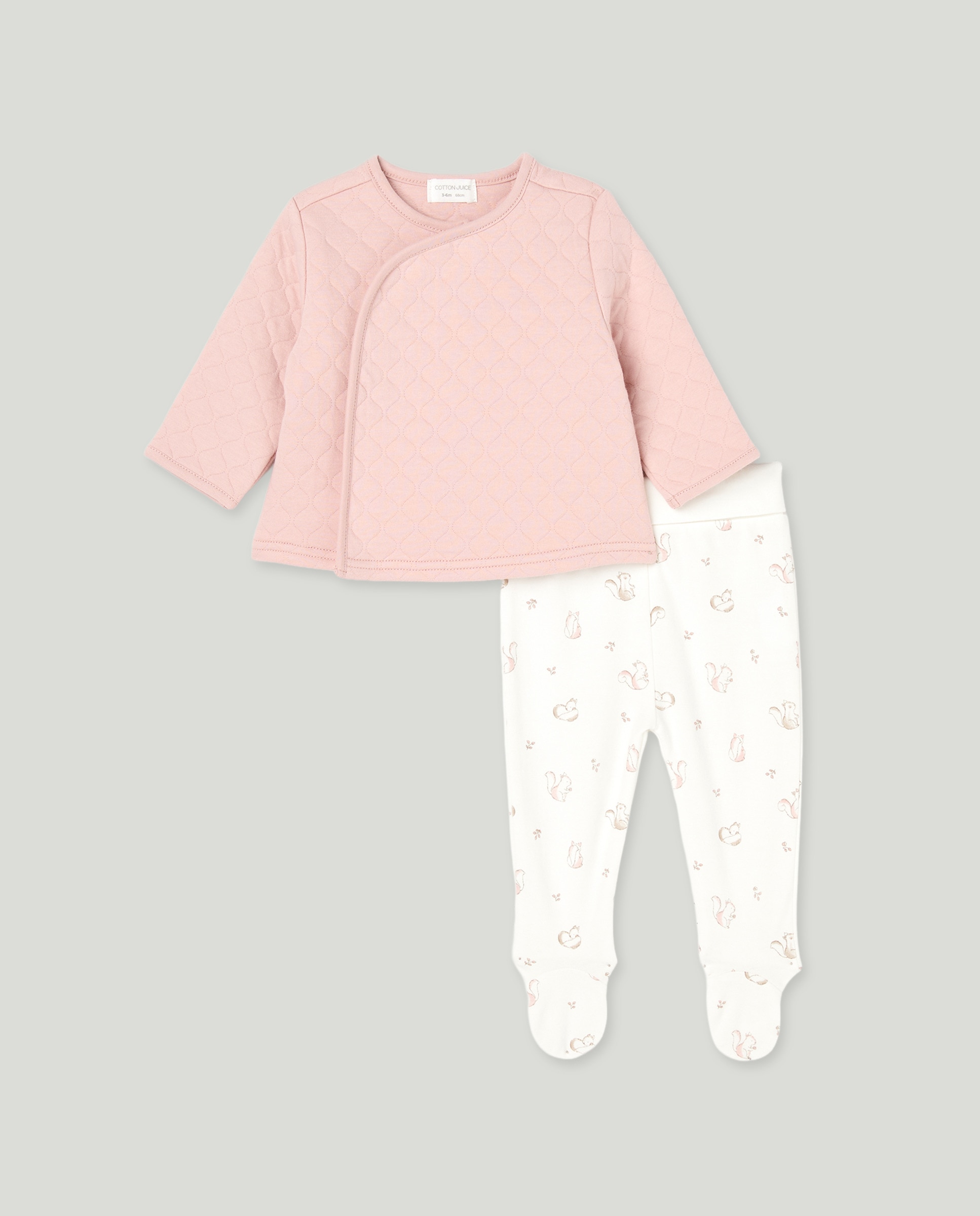 Pijama Comprido Acolchoado de Bebé com Calças de Malha e Estampado de Esquilos Rosa-1