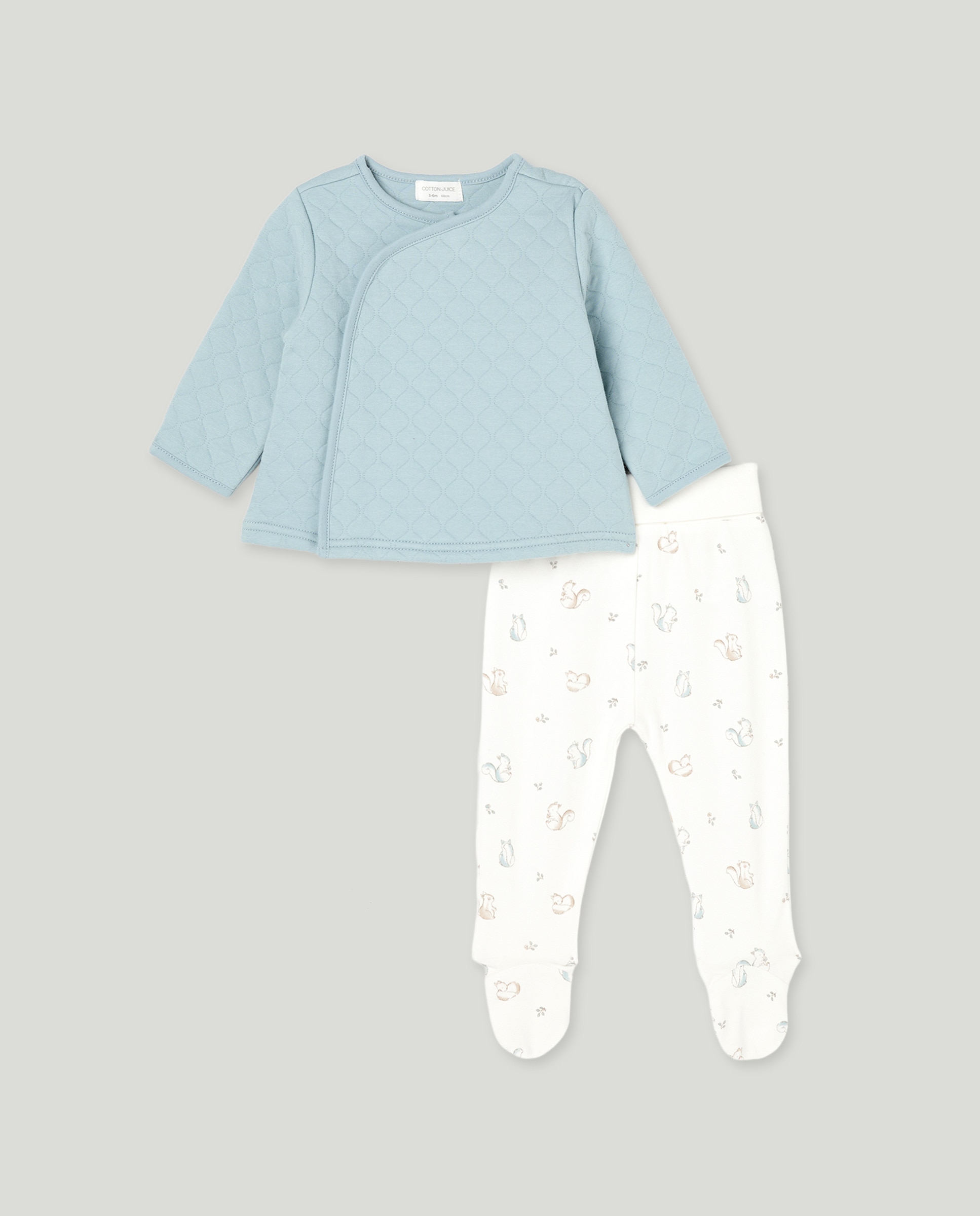 Pijama Comprido Acolchoado de Bebé com Calças de Malha e Estampado de Esquilos Azul-1