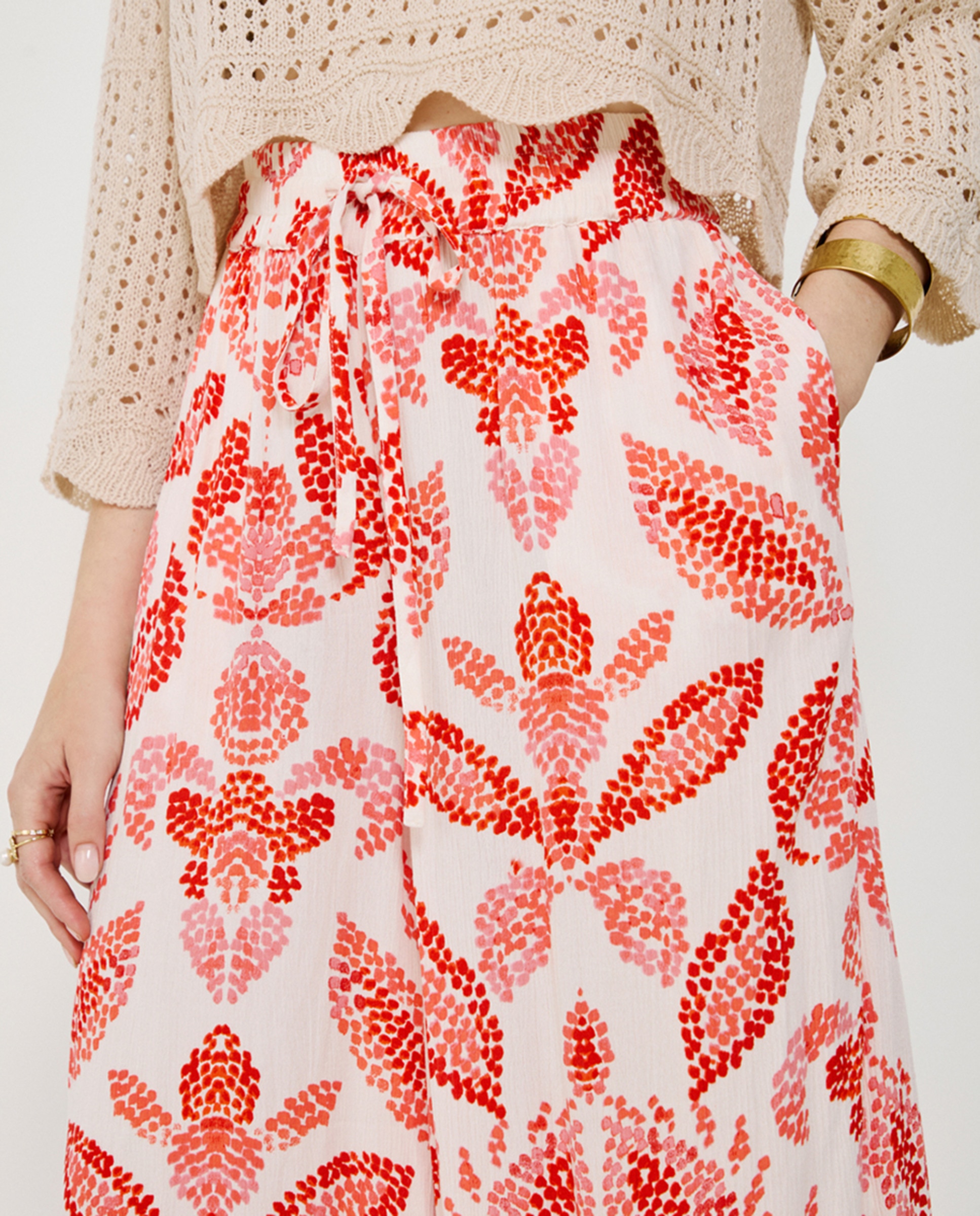 Calças fluidas estampadas de mulher Coral-4