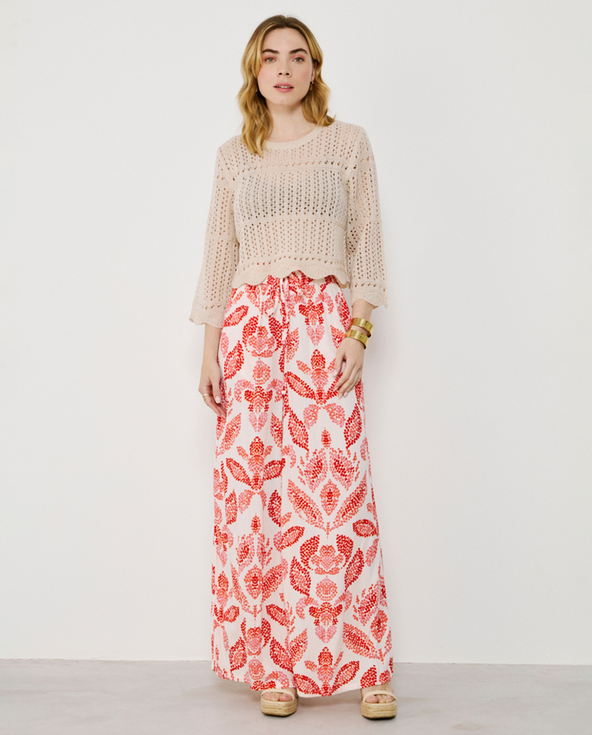 Calças fluidas estampadas de mulher Coral-1