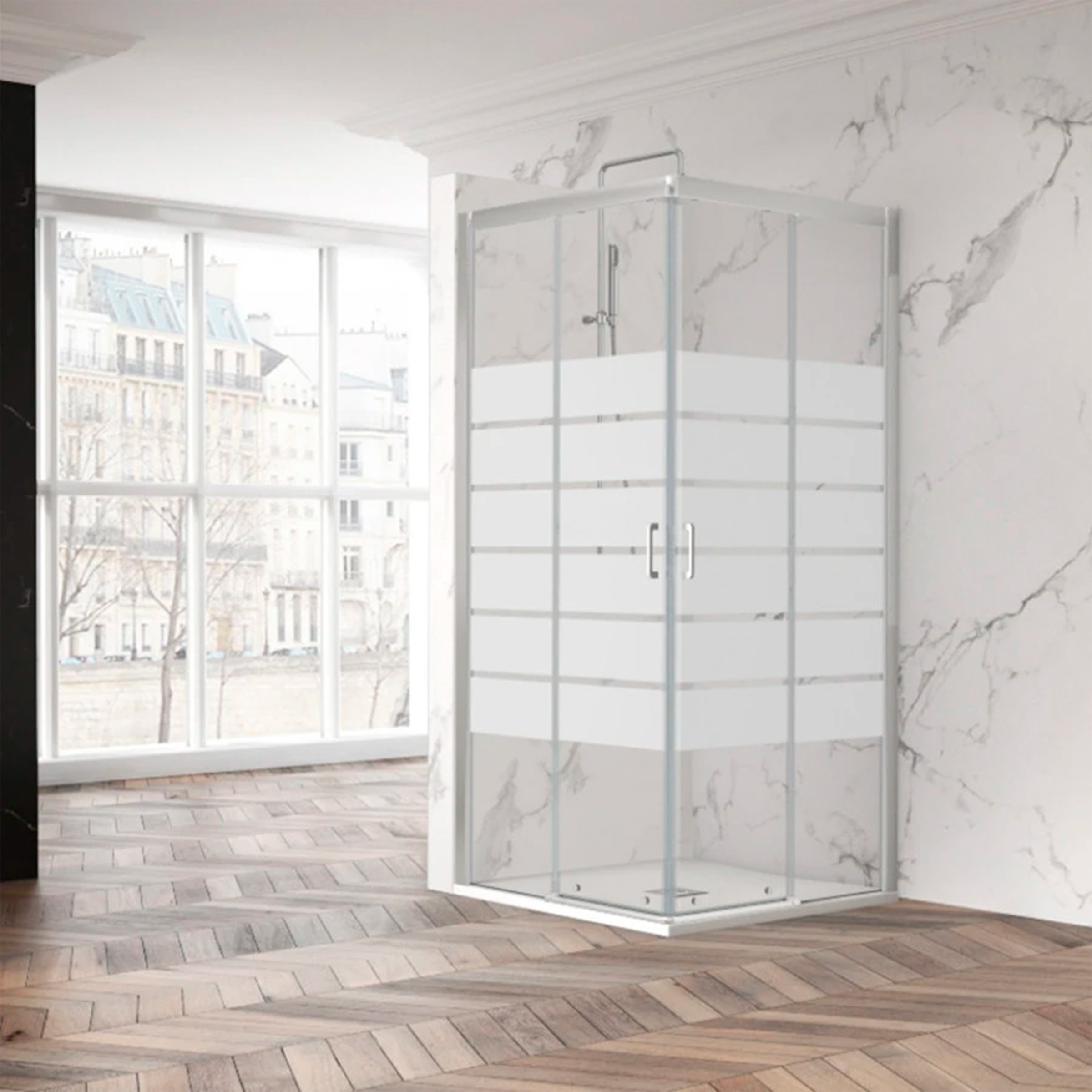 Mampara de ducha angular con cristal satinado SUM320 Profiltek Plata brillo-1