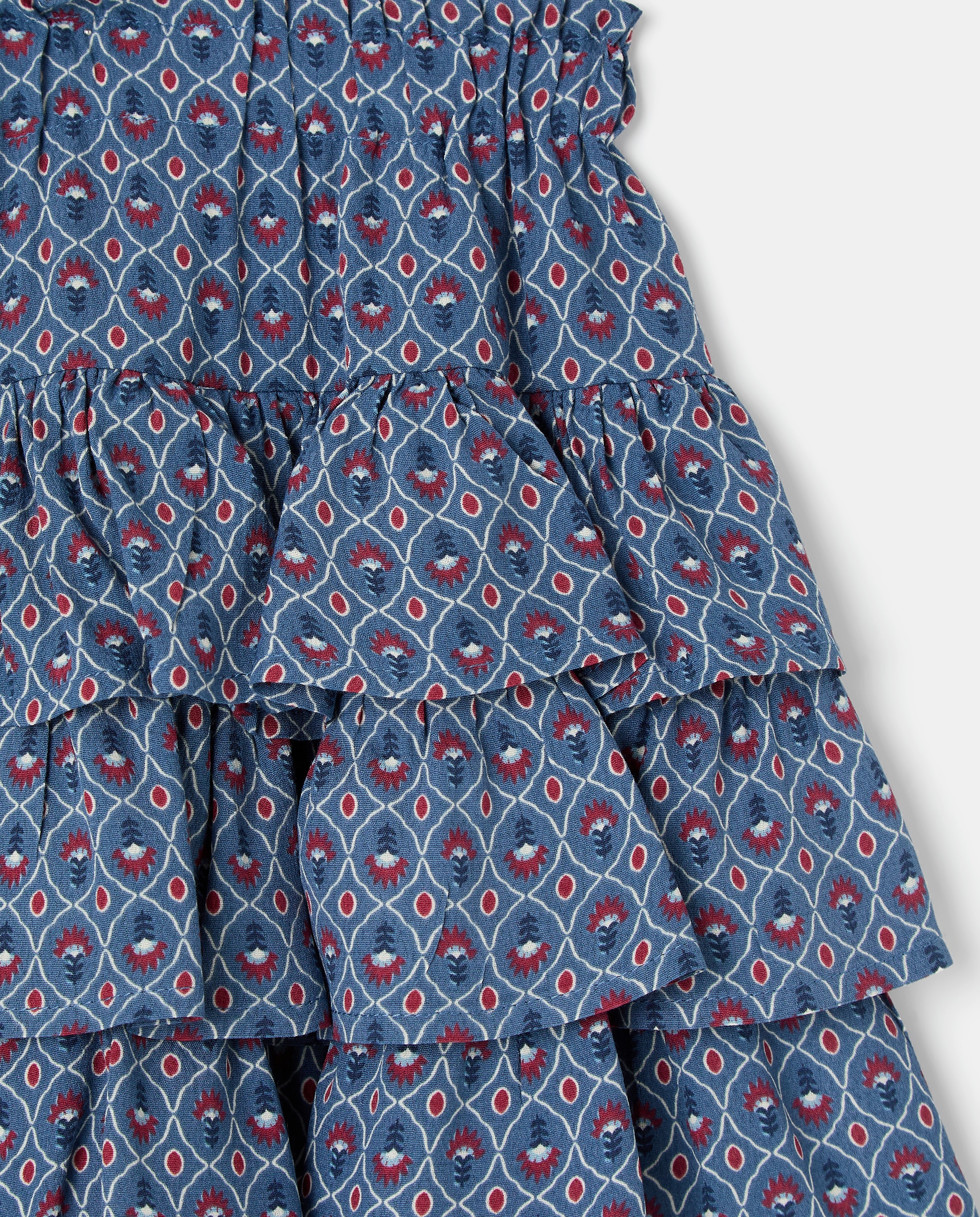 Saia em Crepe e Viscose com Folhos e All Over Print Azul-5