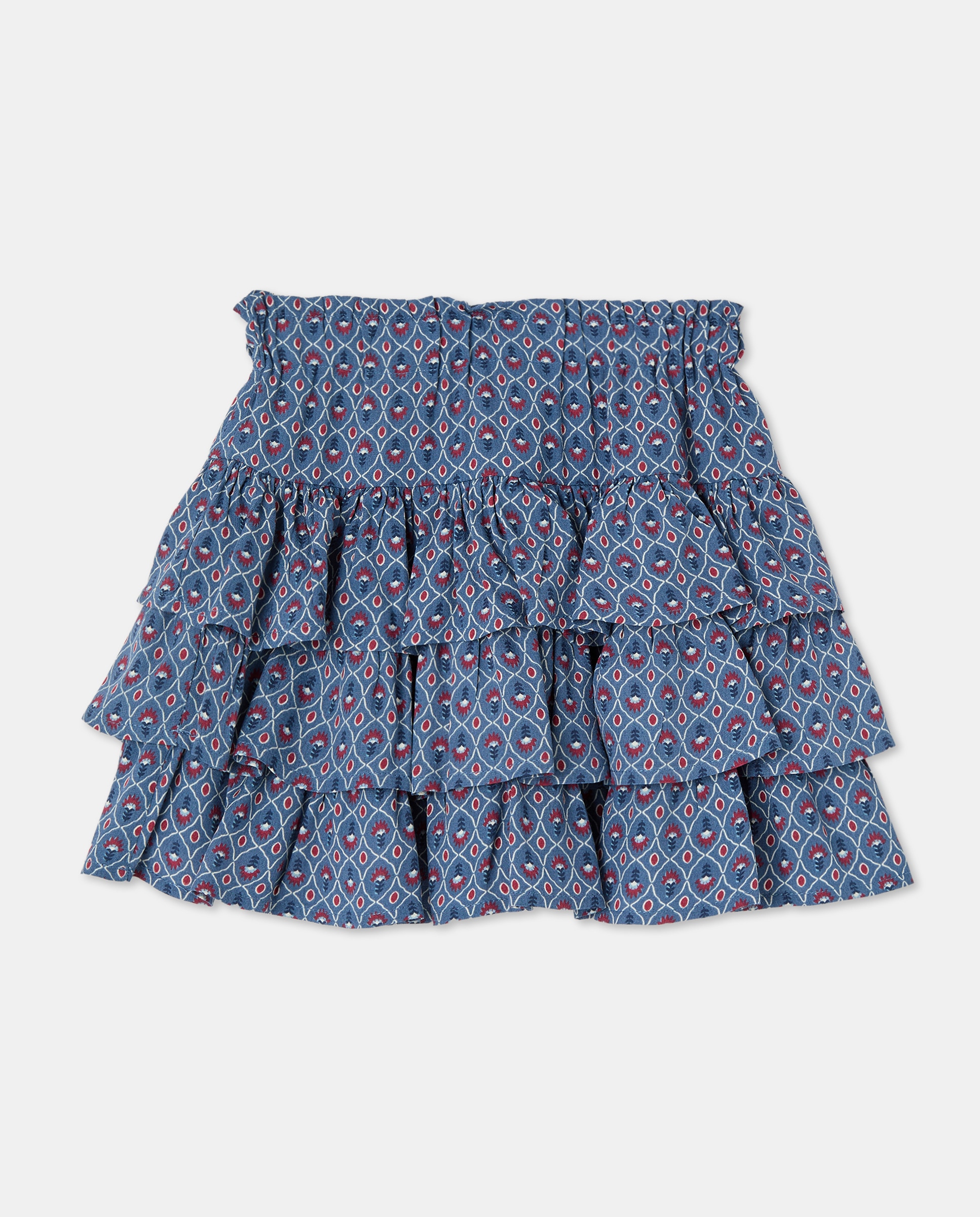 Saia em Crepe e Viscose com Folhos e All Over Print Azul-4