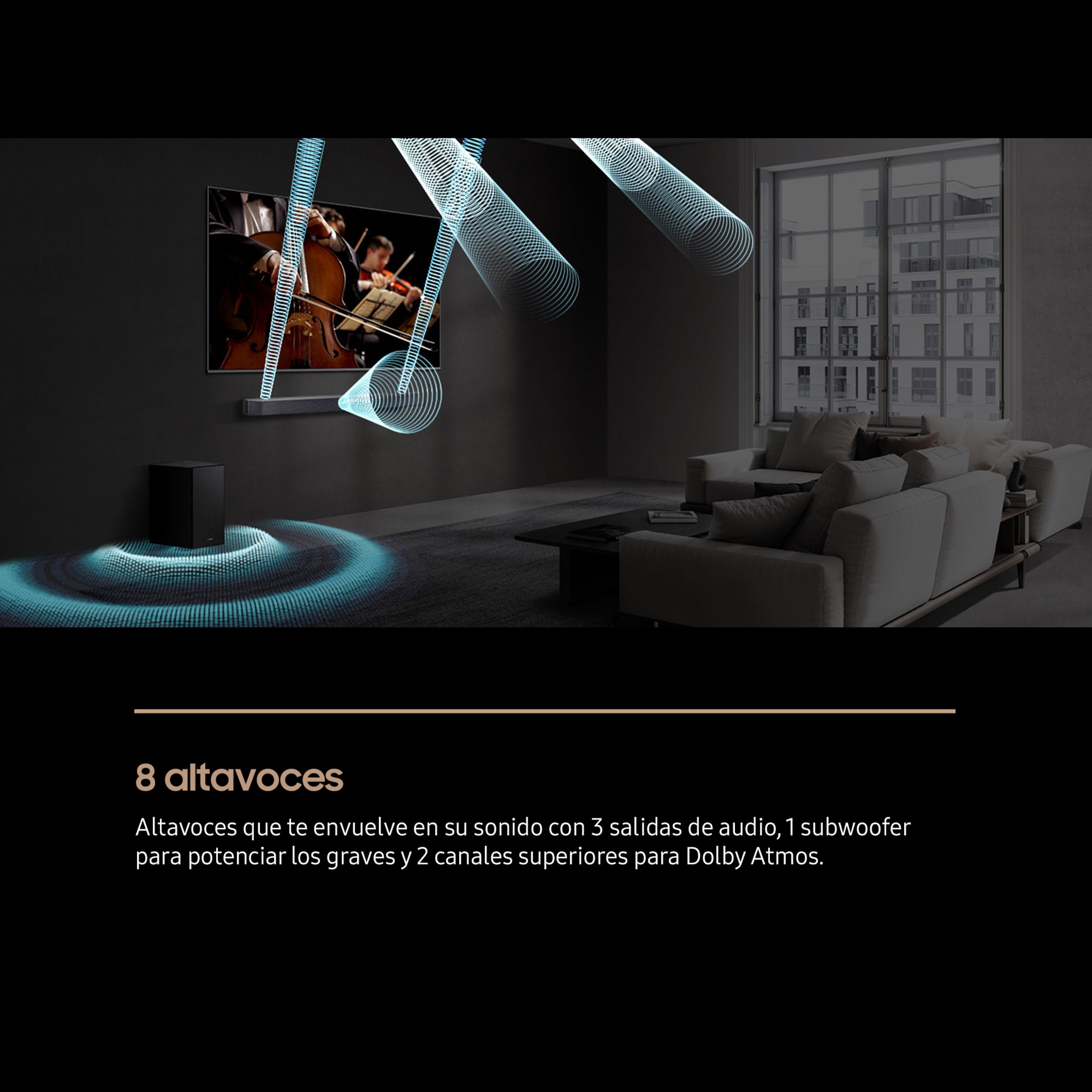 Barra de sonido Samsung 2025 HW-Q600F, Dolby Atmos y DTS: X, Q-Symphony, 3.1.2 con 9 altavoces, 380W, Subwoofer inalámbrico 6,5" 160W Negro titanium-3