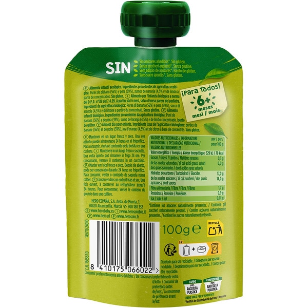 Sachets, Sorte: Bio-Banane, Bio-Birne oder Bio-Orange, glutenfrei, ab 4 Monaten 100 g