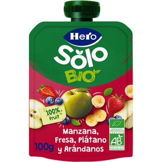 bolsita de manzana, fresa, plátano y arándanos ecológica desde 4 meses 100 g - Hero Solo