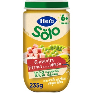 tarrito de guisantes tiernos con jamón sin gluten desde 6 meses envase 235 g - Hero Solo
