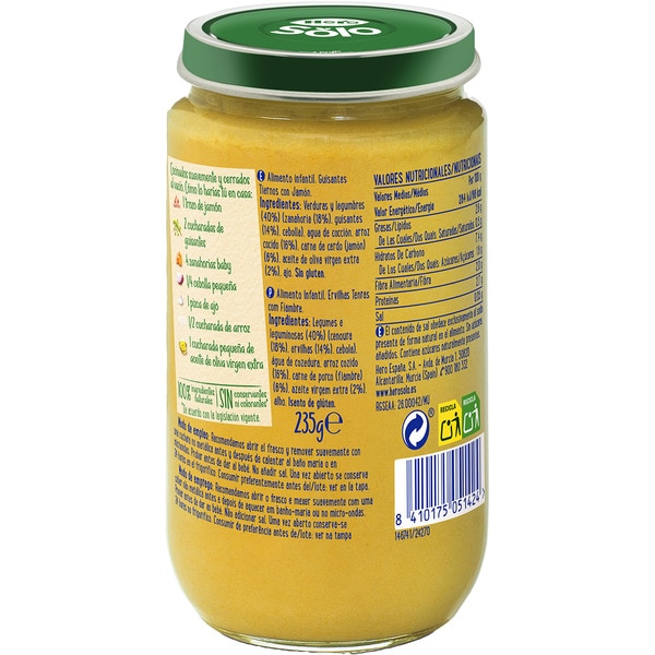 Babyfertiggericht mit zarten Erbsen mit Schinken glutenfrei ab dem 6. Monat Behälter 235 g