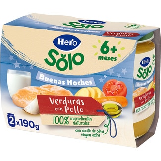 Buenas Noches tarritos de verduras con pollo sin gluten desde 6 meses pack 2 envases 190 g - Hero Solo