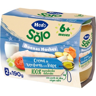 Buenas Noches tarritos de crema de verduras con rape sin gluten desde 8 meses pack 2 envases 190 g - Hero Solo