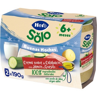 Buenas Noches tarritos de crema suave de calabacín con jamón y quesito pack 2 envases 190 g desde 6 meses, sin gluten - Hero Solo