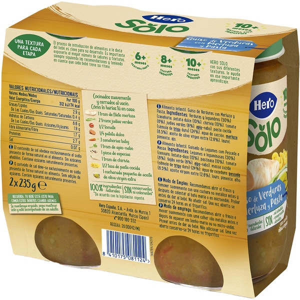 Gläschen Gemüseeintopf mit Seehecht und Pasta zum Kauen ab 10 Monaten 2er-Pack Verpackungen 235 g