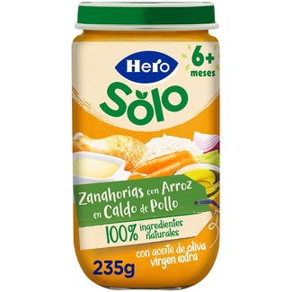 tarrito de zanahorias con arroz en caldito de pollo sin gluten desde 6 meses envase 235 g - Hero Baby