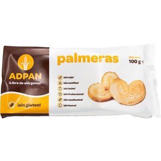 palmeras sin gluten, sin leche, sin huevo, sin soja y sin frutos secos envase 100 g - Adpan