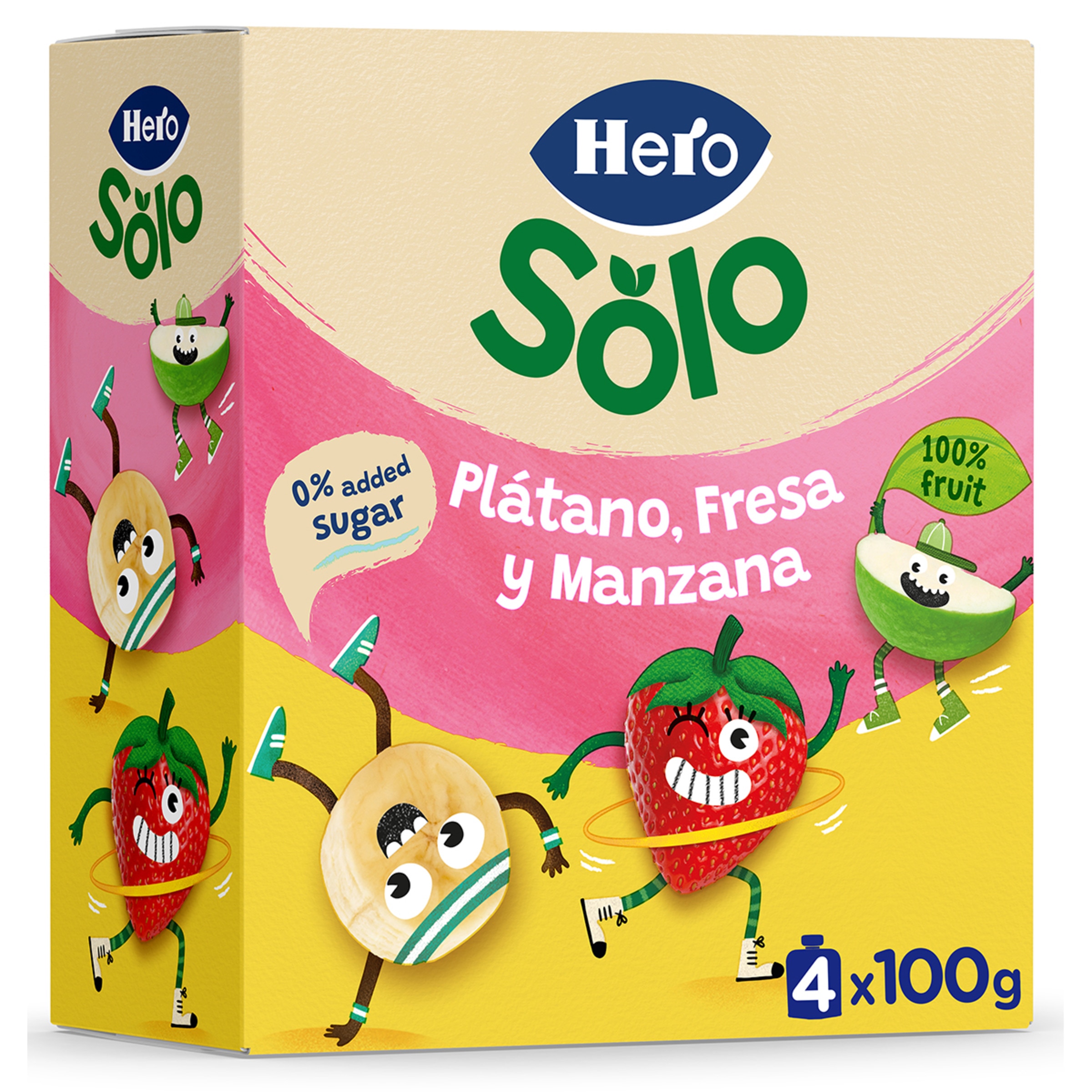 bolsitas de plátano, fresa y manzana sin gluten desde 12 meses 0% azúcares añadidos pack 4 unidades 100 g