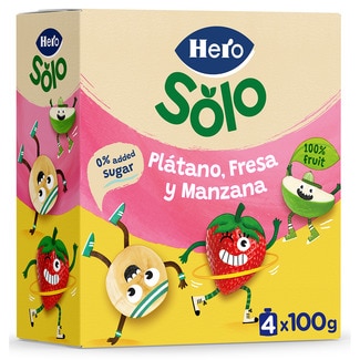 bolsitas de plátano, fresa y manzana sin gluten desde 12 meses 0% azúcares añadidos pack 4 unidades 100 g - Hero Solo