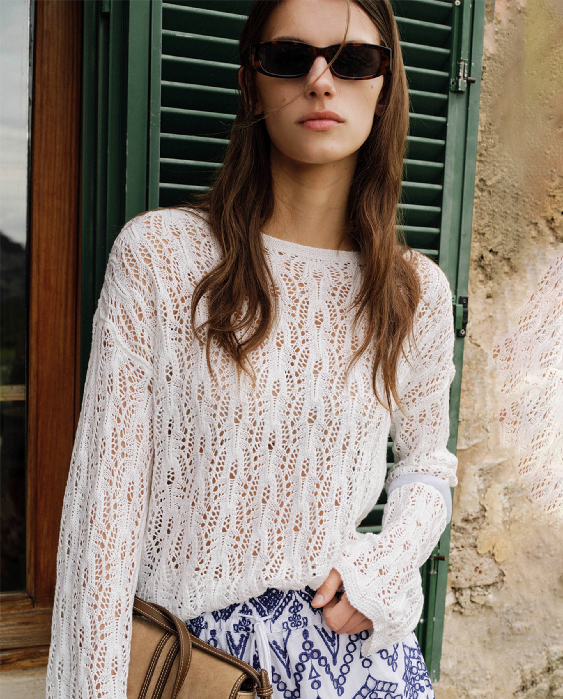 Camisola de Malha com Fitas e Rendilhados Branco-1