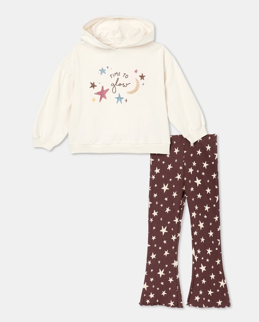 Imagem 0 de Conjunto de 2 Peças com Sweatshirt com Capuz e Estampado Posicional e Leggings Flare Rib