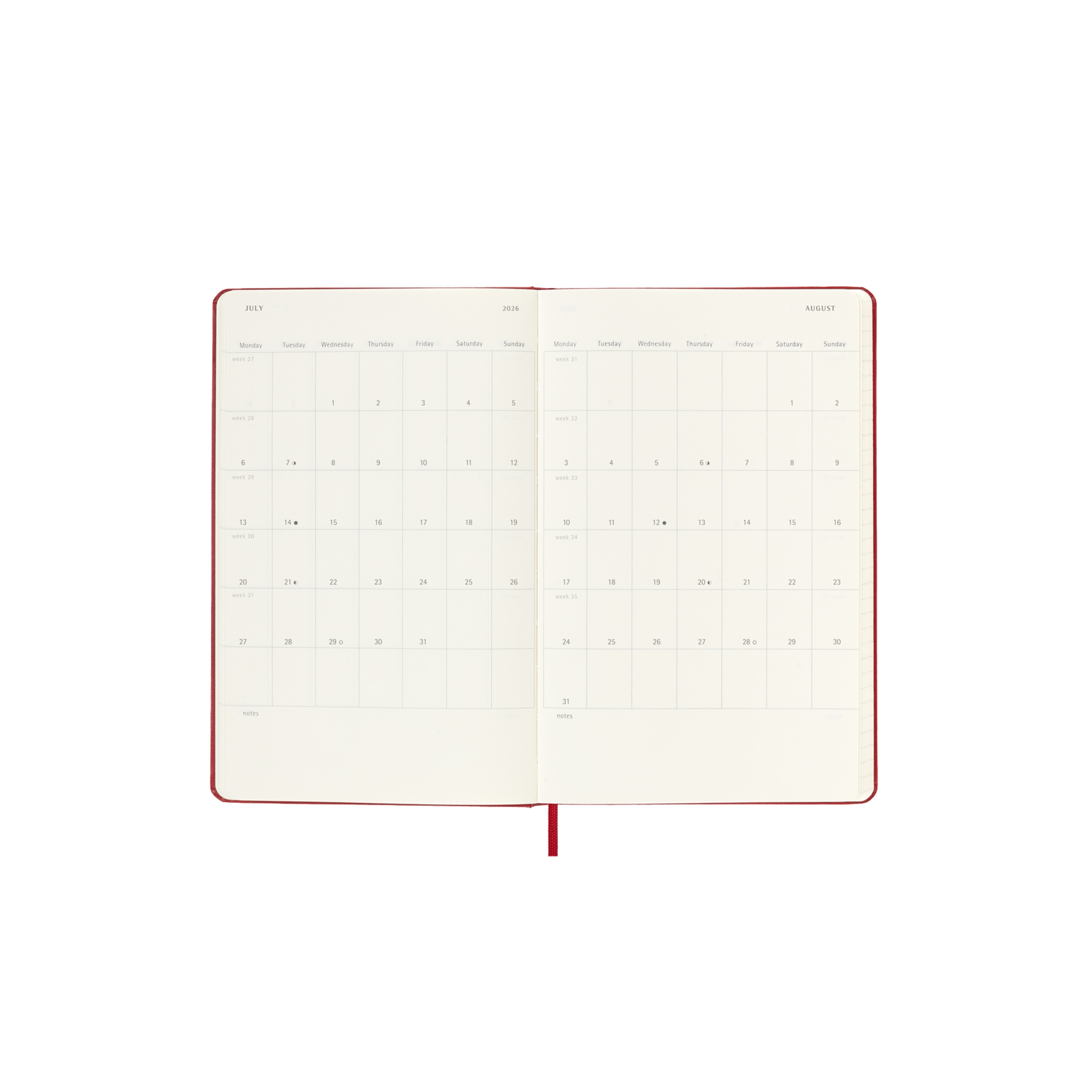 Agenda large de julho 2025 a dezembro 2026  semana vista capa dura Moleskine vermelho em inglês Vermelho-5