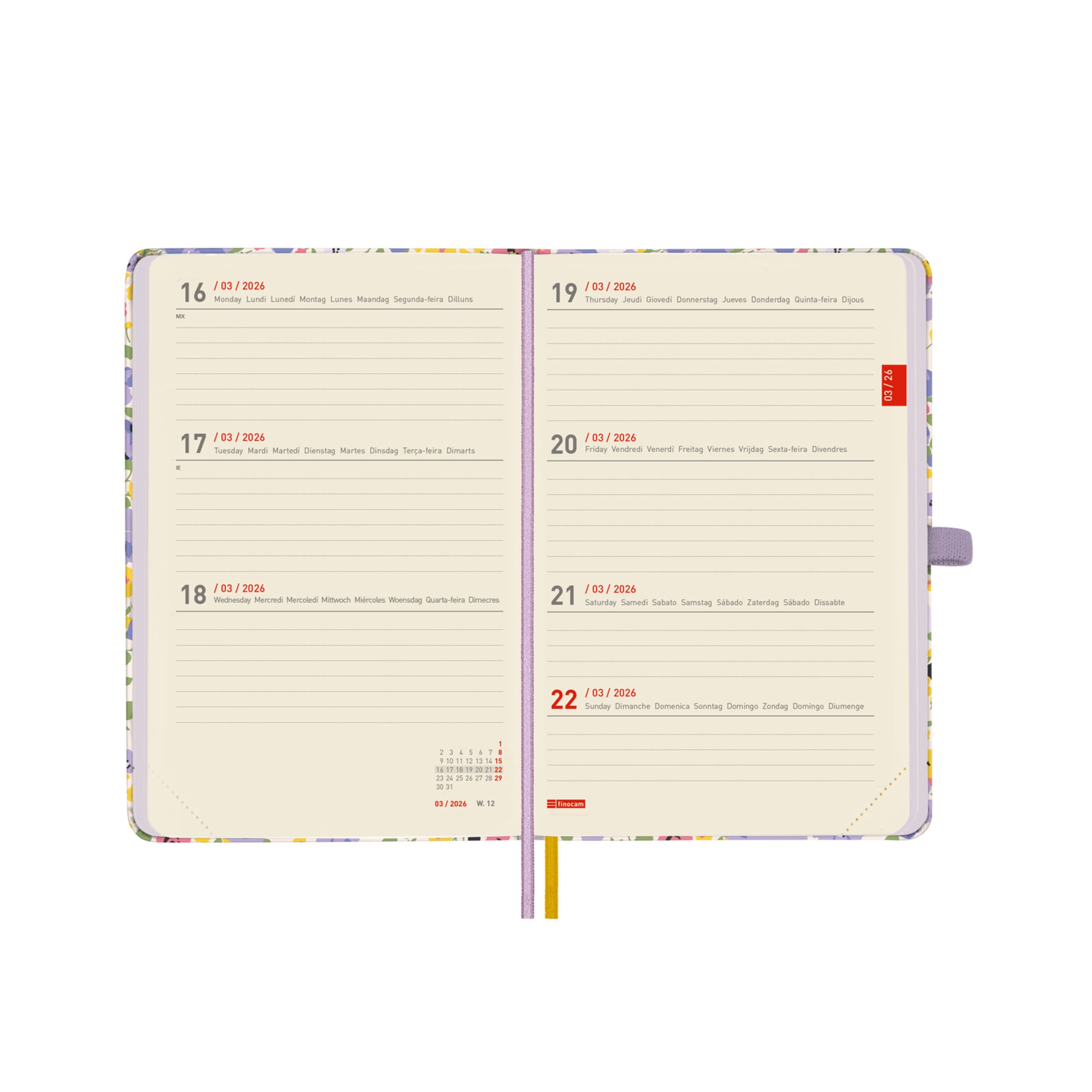 Agenda 18 meses julho 2025-dezembro 2026 Mínimal M3-100x150 mm vista semanal horizontal Girl Finocam internacional multilingue Multicolor-5