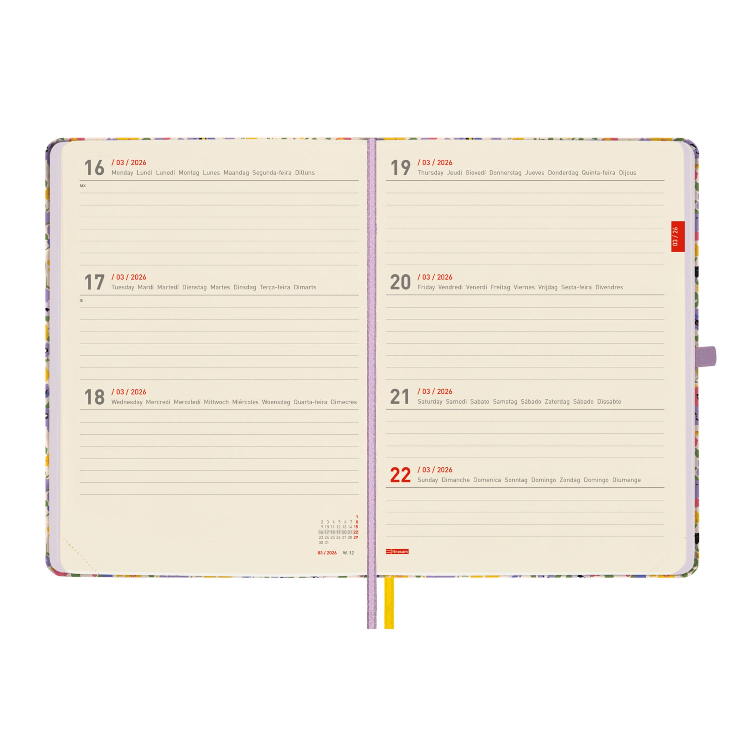 Agenda 18 meses julho 2025-dezembro 2026 Mínimal M5-140x190 mm vista semanal horizontal Girl Finocam internacional multilingue Multicolor-5